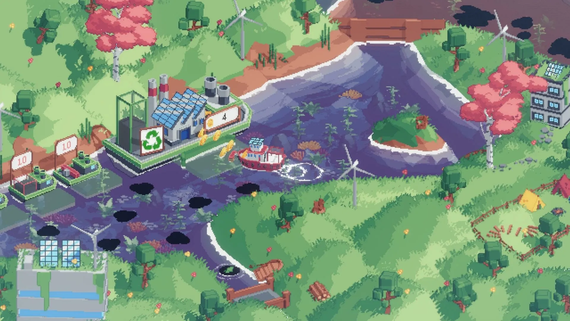 Spilled!: Small boat collecting waste in a colorful river environment with recycling center and wind turbines.