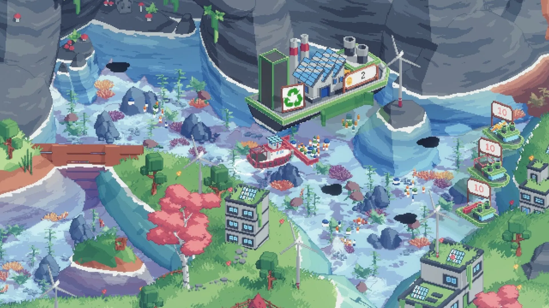 Spilled!: A small boat collects ocean waste near a recycling plant in a vibrant coastal landscape.