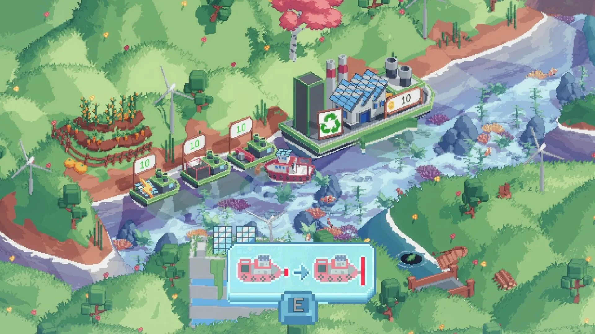 Spilled!: Boat navigating river with recycling plant, wind turbines, and upgrade prompt in lush landscape