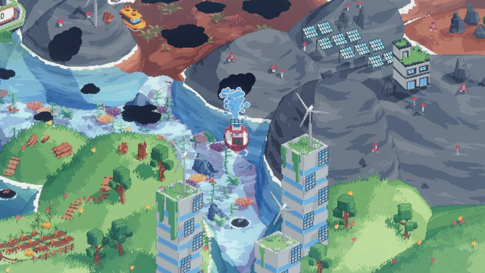 Spilled!: Hovering boat cleaning waste in a colorful landscape with hills, buildings, and water flow