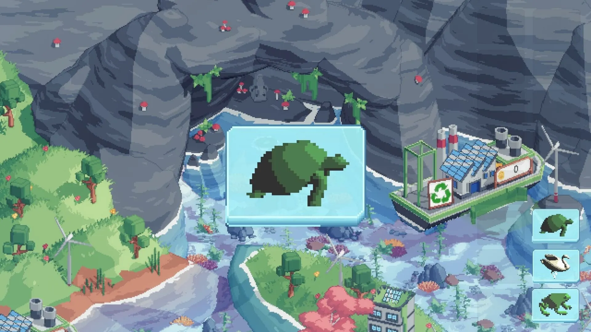 Spilled!: Turtle icon overlay on ocean cleanup scene with recycling boat and coastal landscape
