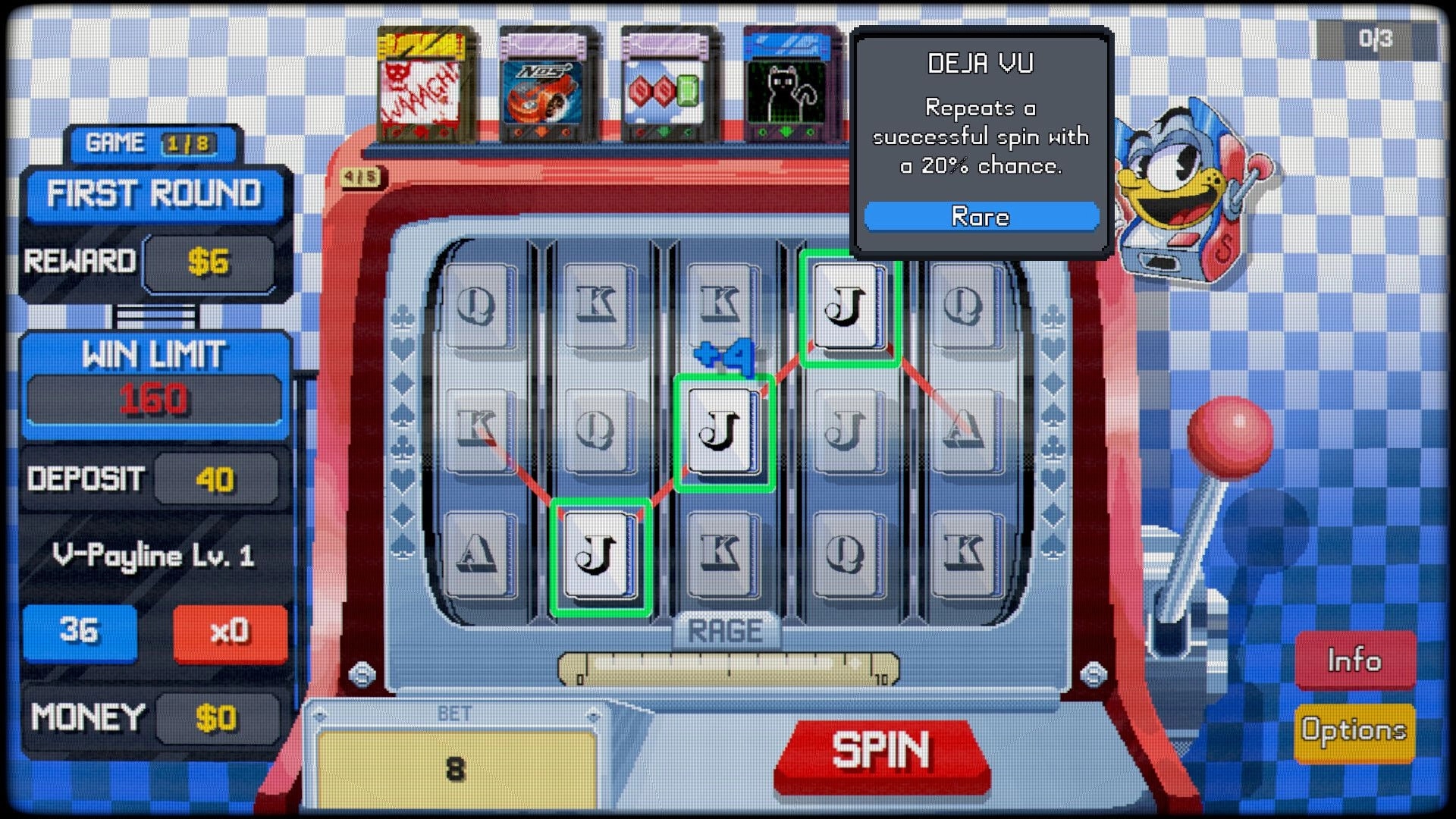 SpinBound: Slot reels linking three J cards with green highlights and Deja Vu tooltip in arcade UI.
