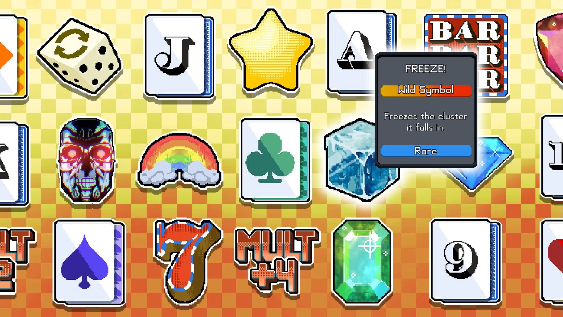 SpinBound: Slot reels with cards, gems, and BAR icons plus Freeze! Wild Symbol tooltip overlay UI.