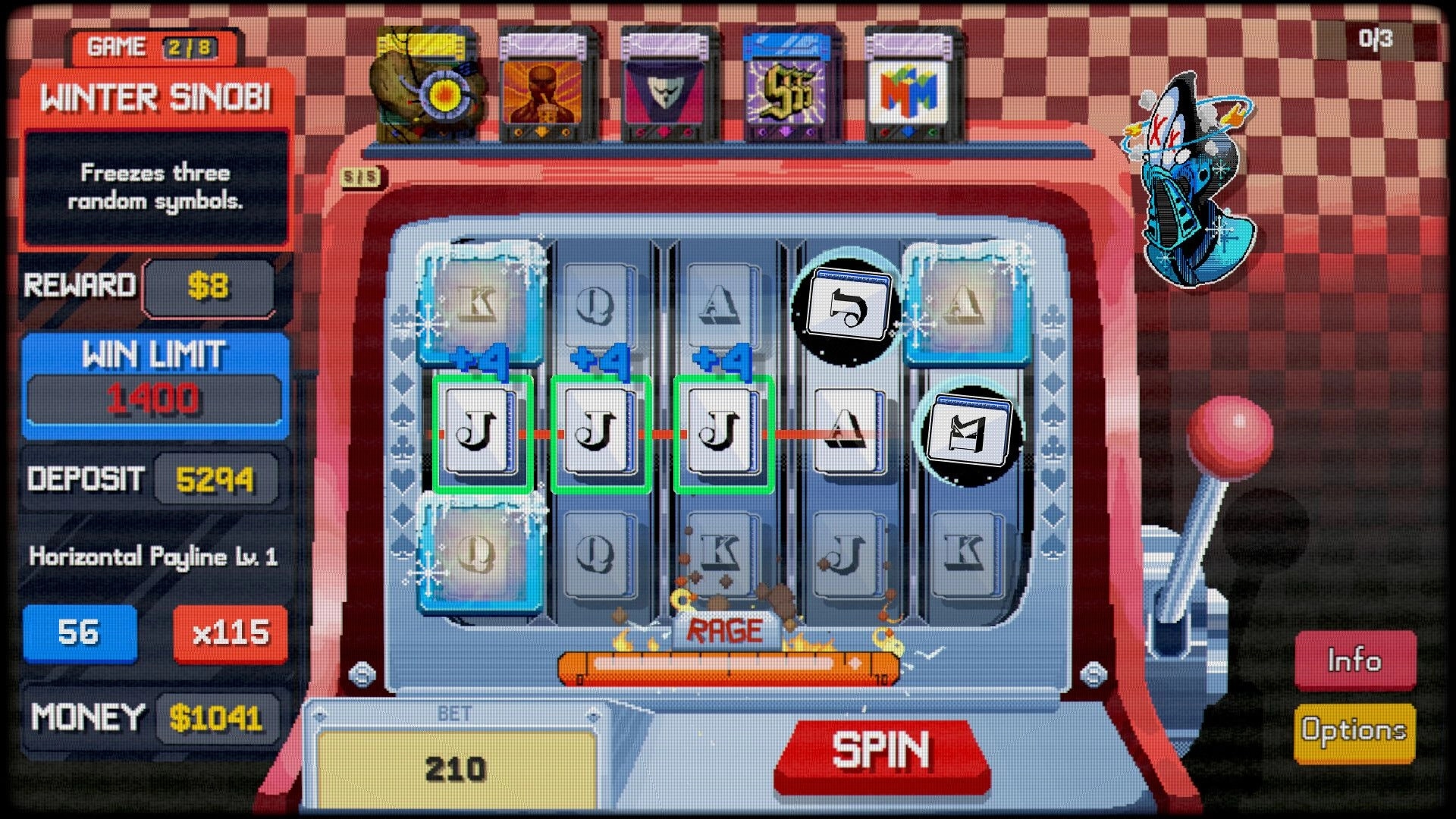SpinBound: Winter Sinobi card freezes three symbols on slot reels with bet, money, and spin UI panel.