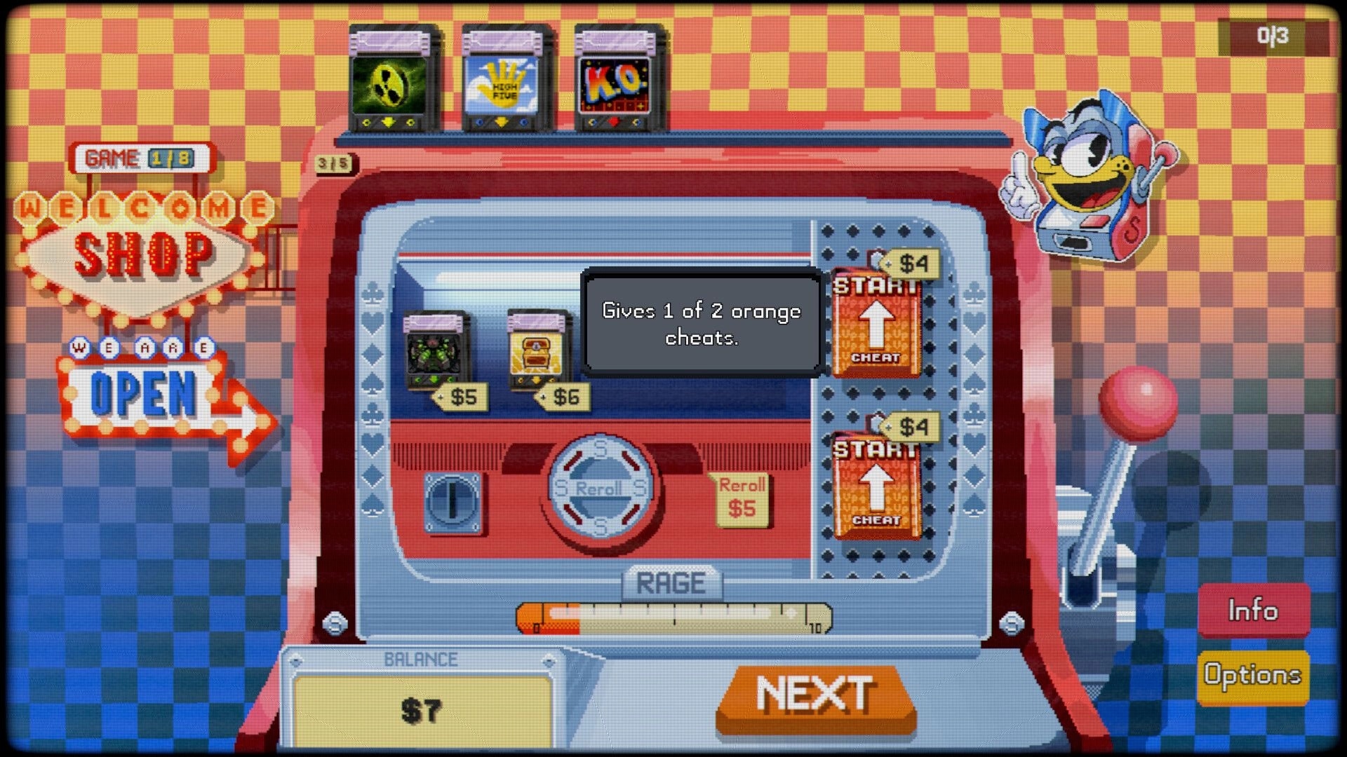 SpinBound: Shop screen with slot machine items for sale, reroll button, and cheat cards on side panel.