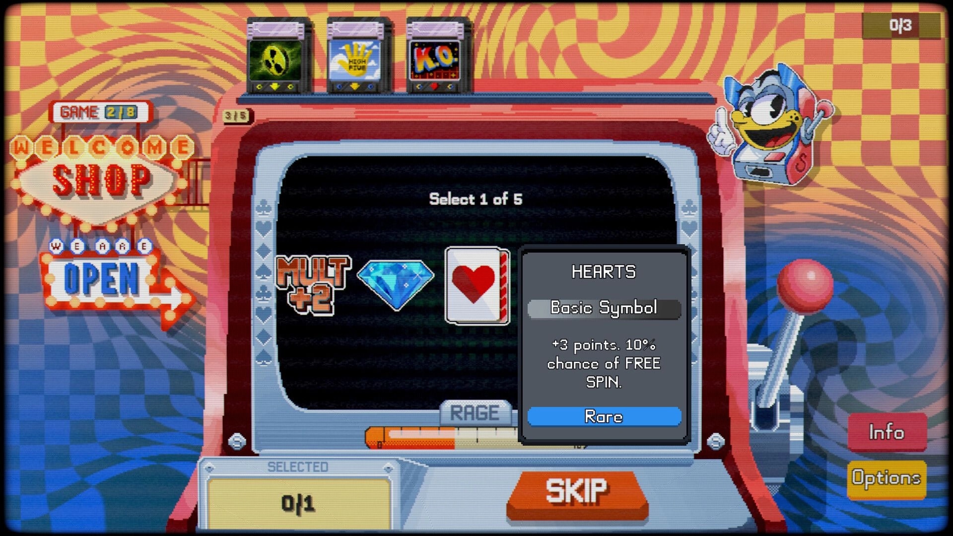 SpinBound: Shop reward selection with Hearts symbol tooltip and skip button on slot machine screen.