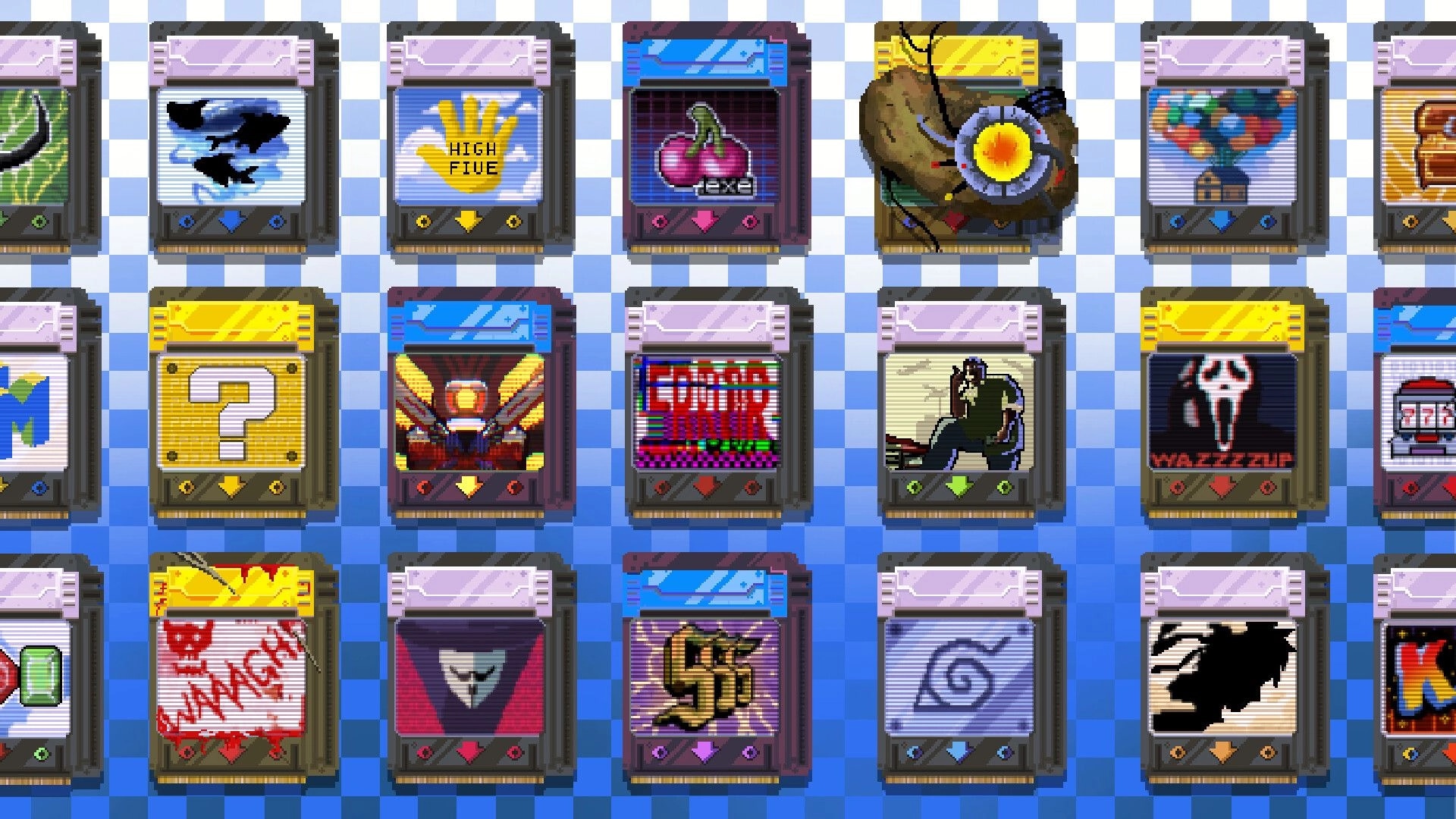 SpinBound: Grid of cartridge cards with icons like High Five, cherries, and question mark on blue tiles.