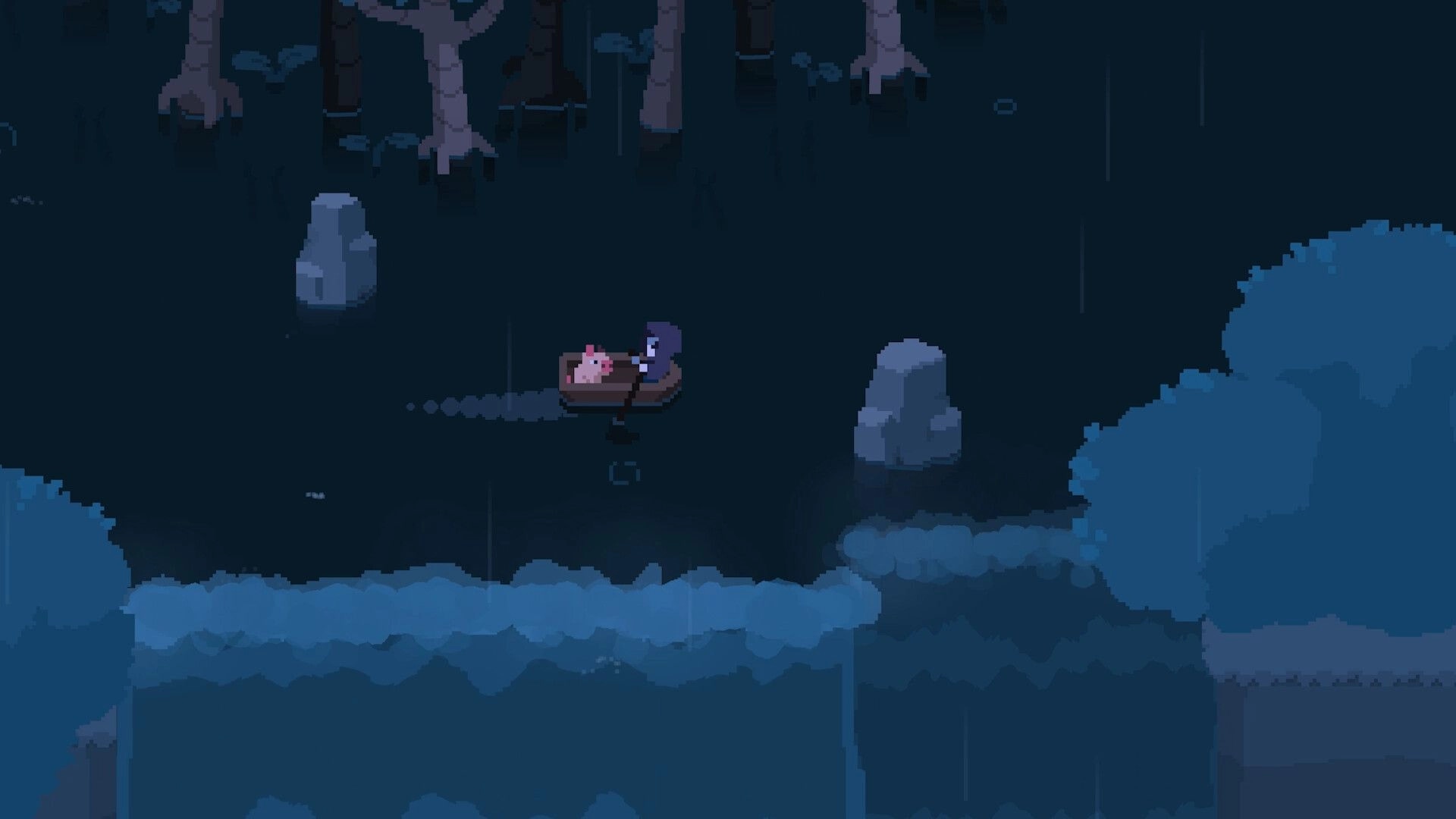 Spindle: Death and pig companion rowing a boat through a dark, eerie forest setting