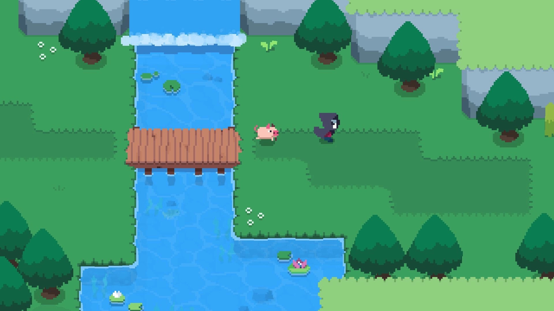 Spindle: Death and pink pig companion traverse grassy landscape with wooden bridge over river.