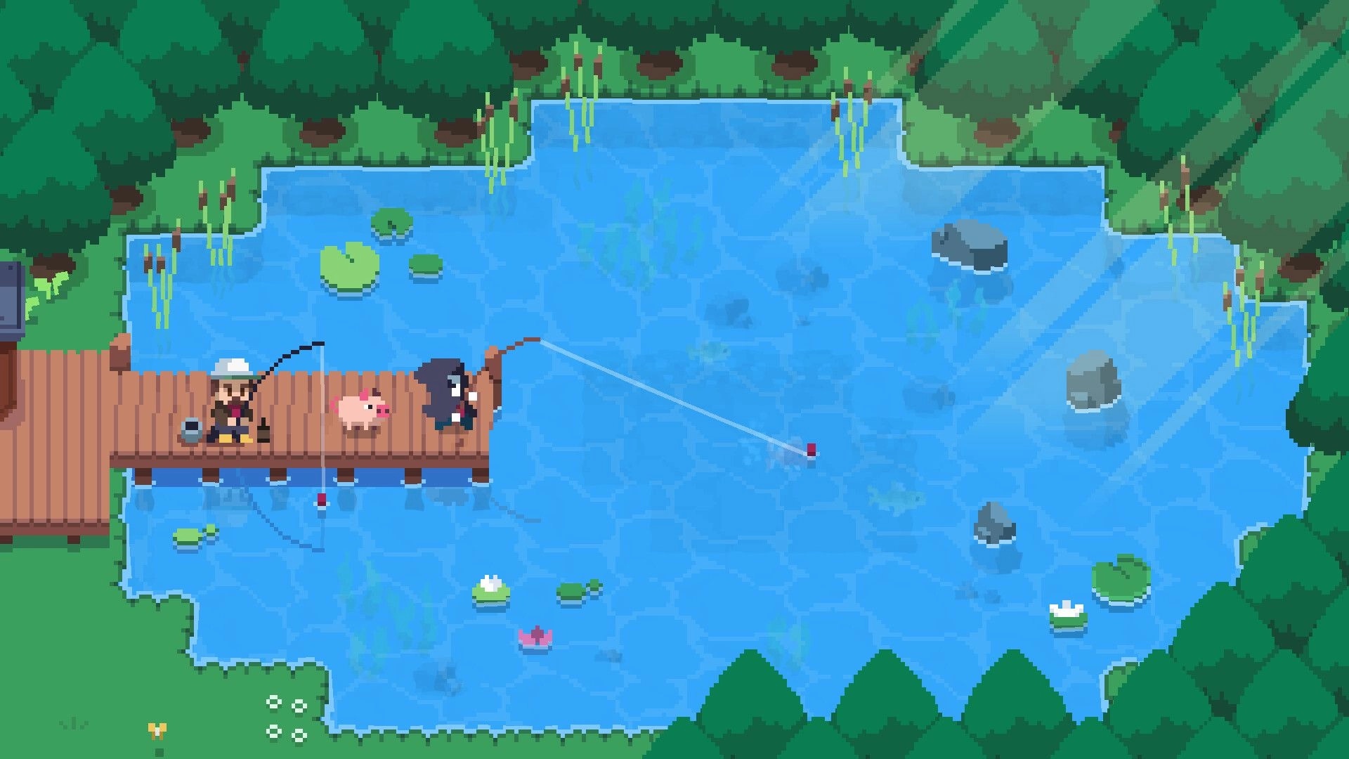 Spindle: Death and pink pig fishing on a dock beside a serene forest lake with lily pads and reeds