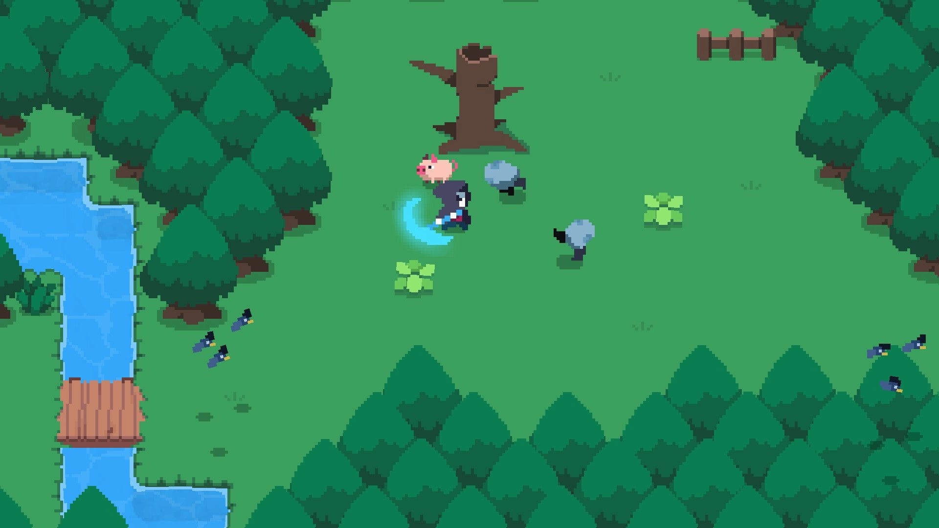 Spindle: Death and pink pig battling enemies in a forest clearing by a river with a wooden bridge