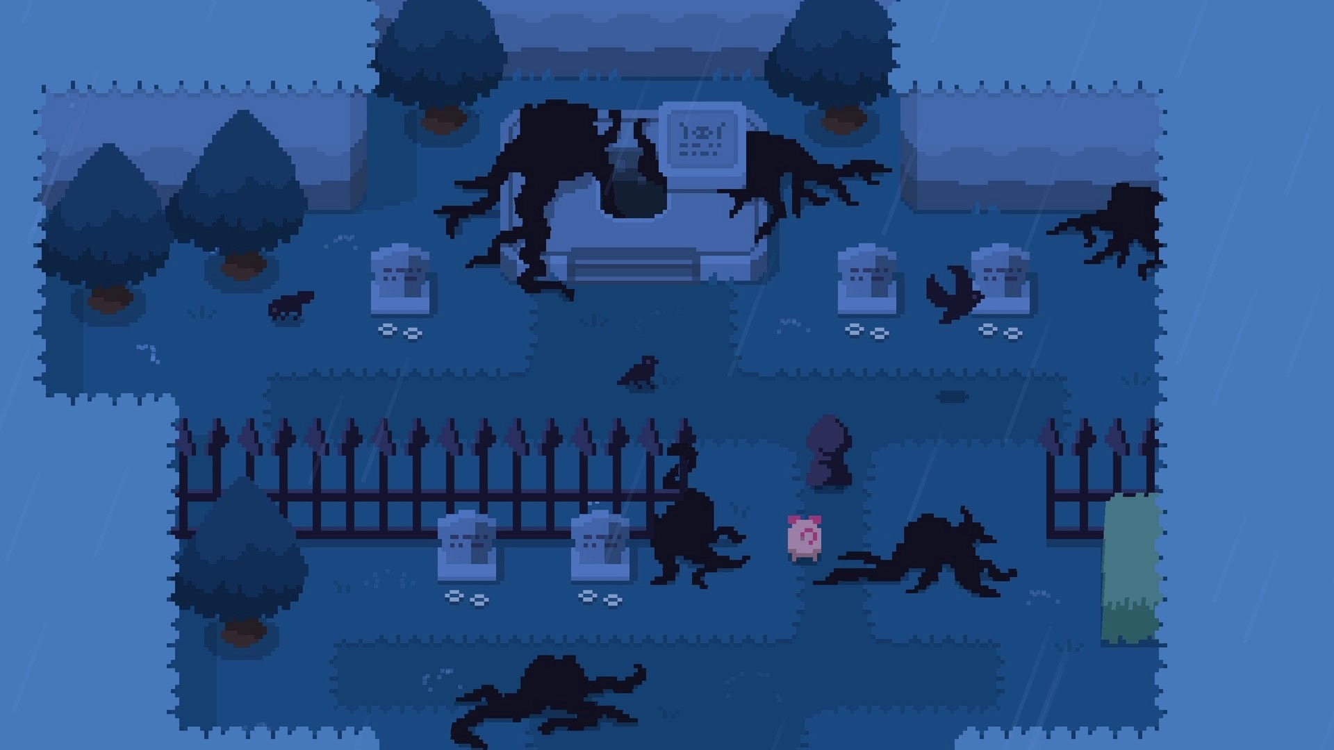 Spindle: Death and pink pig explore a shadowy graveyard with tombstones and dark creatures lurking