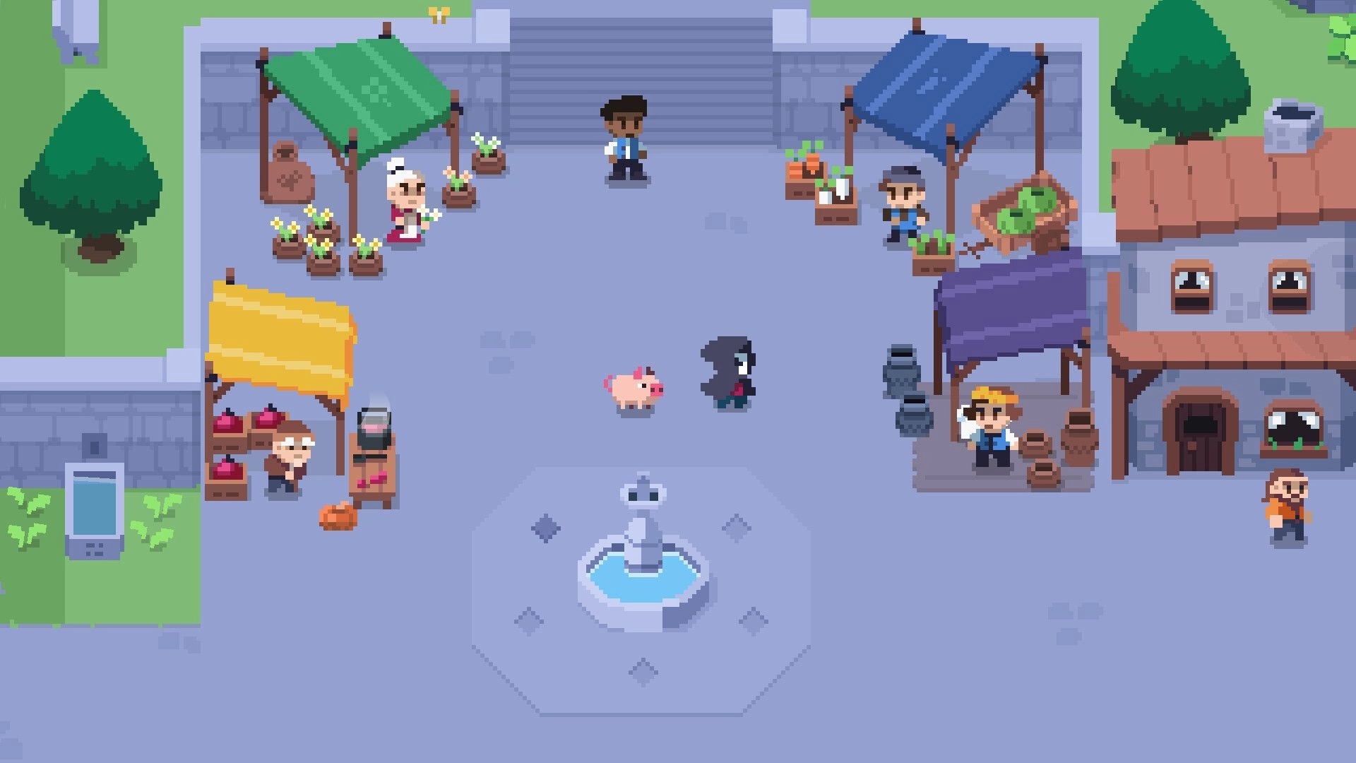 Spindle: Death and pink pig explore bustling market square with colorful vendor stalls and fountain