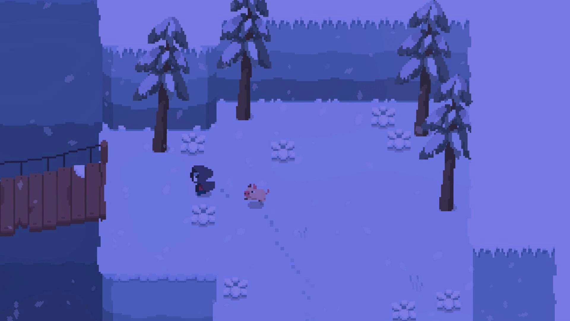 Spindle: Death and pink pig traverse a snowy forest path near a wooden bridge in winter setting.