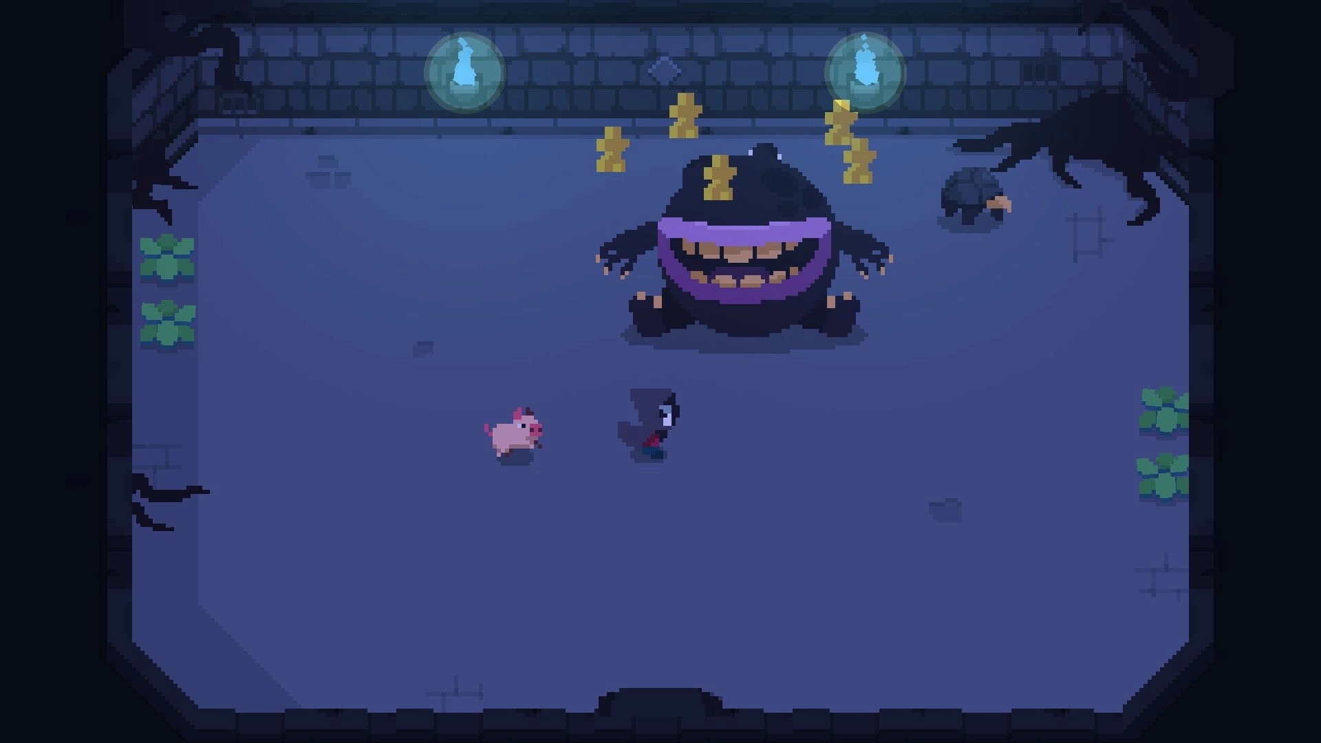Spindle: Death and pink pig face a large monster in a dungeon with glowing blue orbs on walls