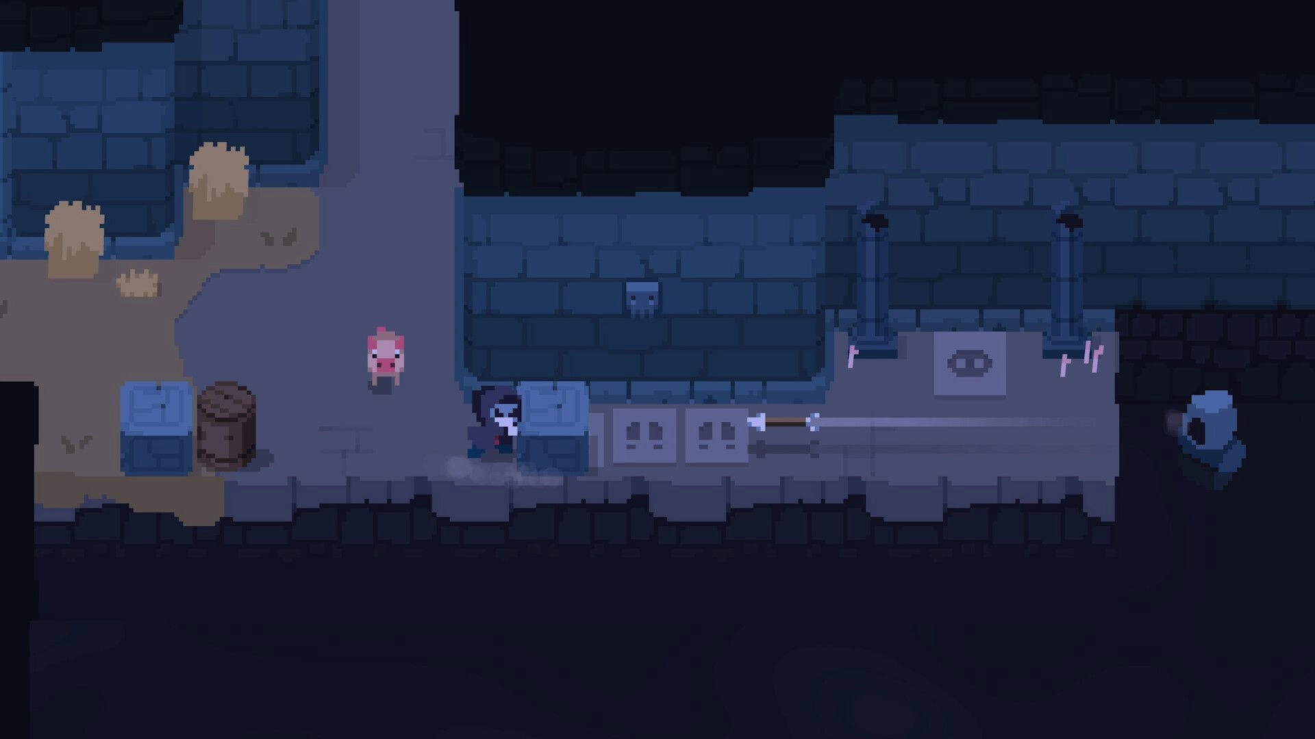 Spindle: Death and pink pig navigate dungeon corridor with stone blocks and pipes