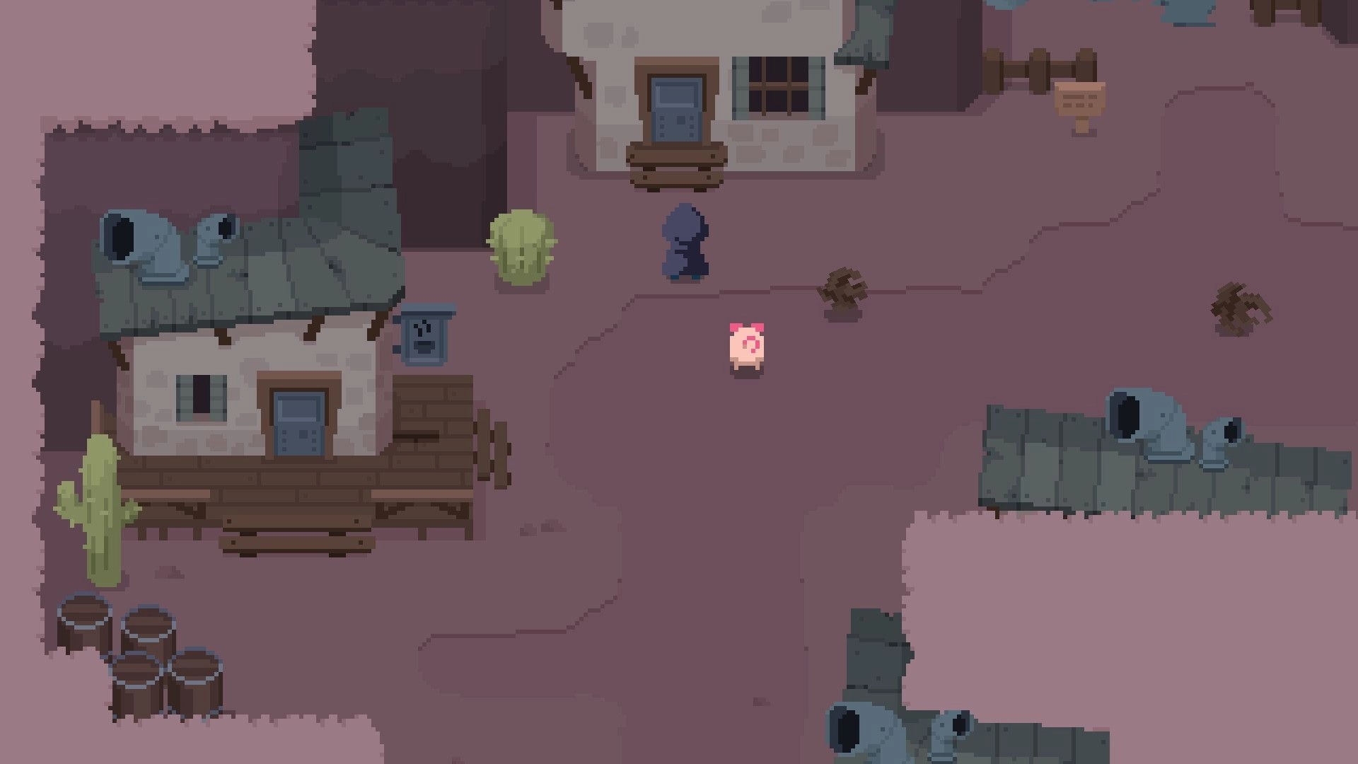 Spindle: Death and pink pig explore a village with stone houses and barrels scattered around