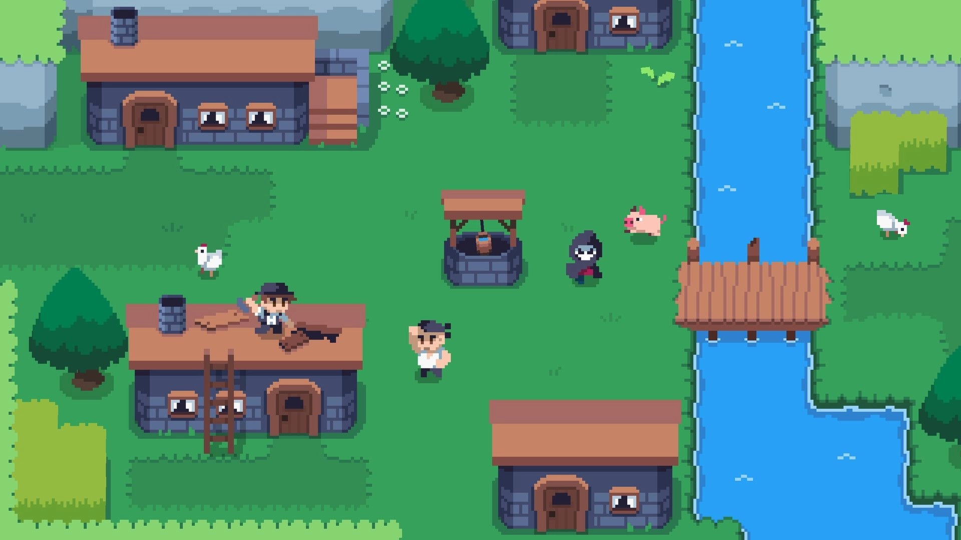 Spindle: Death and pig explore village near river, with villagers, chickens, and wooden bridge visible.