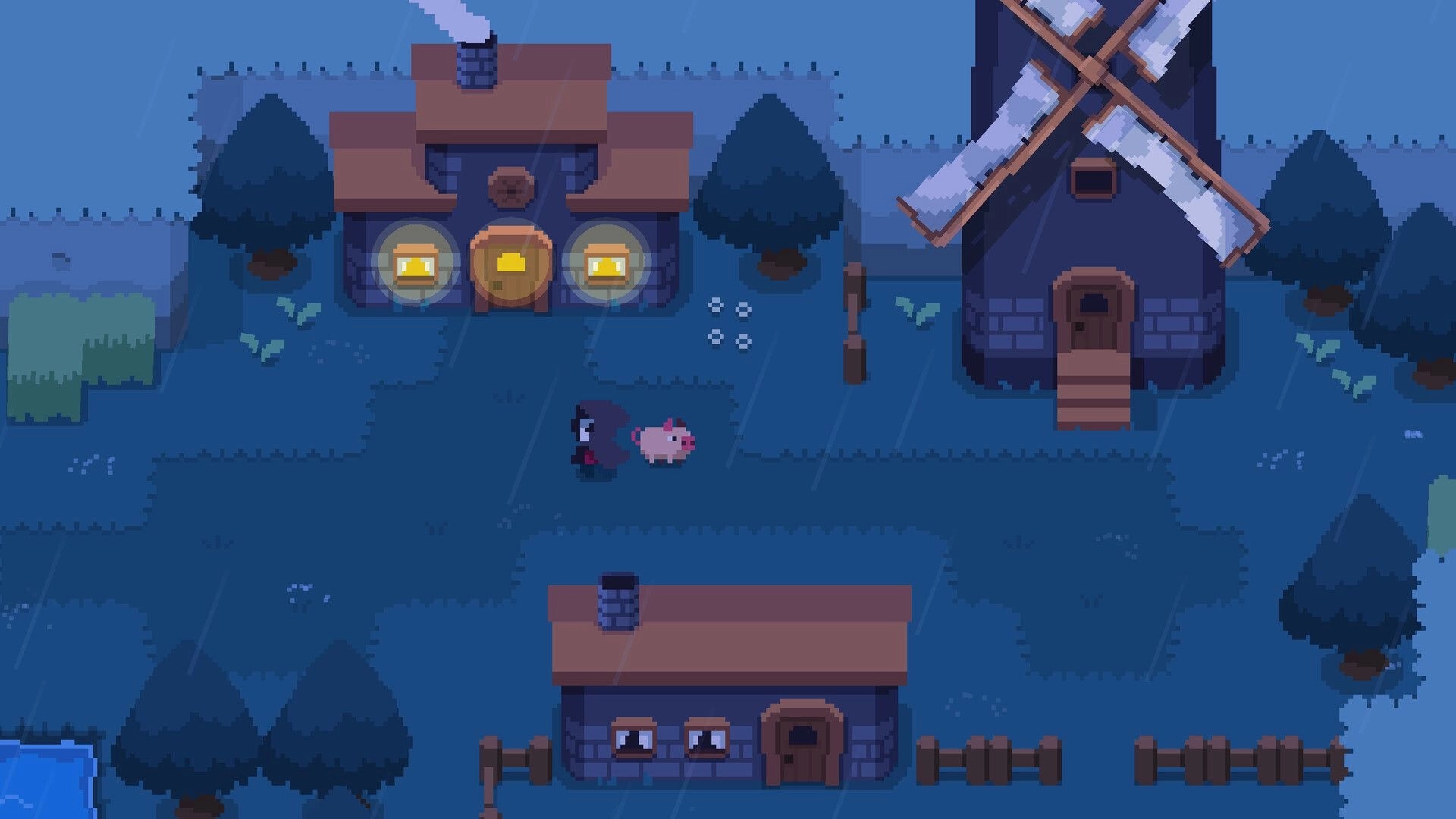Spindle: Death and pink pig explore a village at night with lit houses and a windmill in the background.