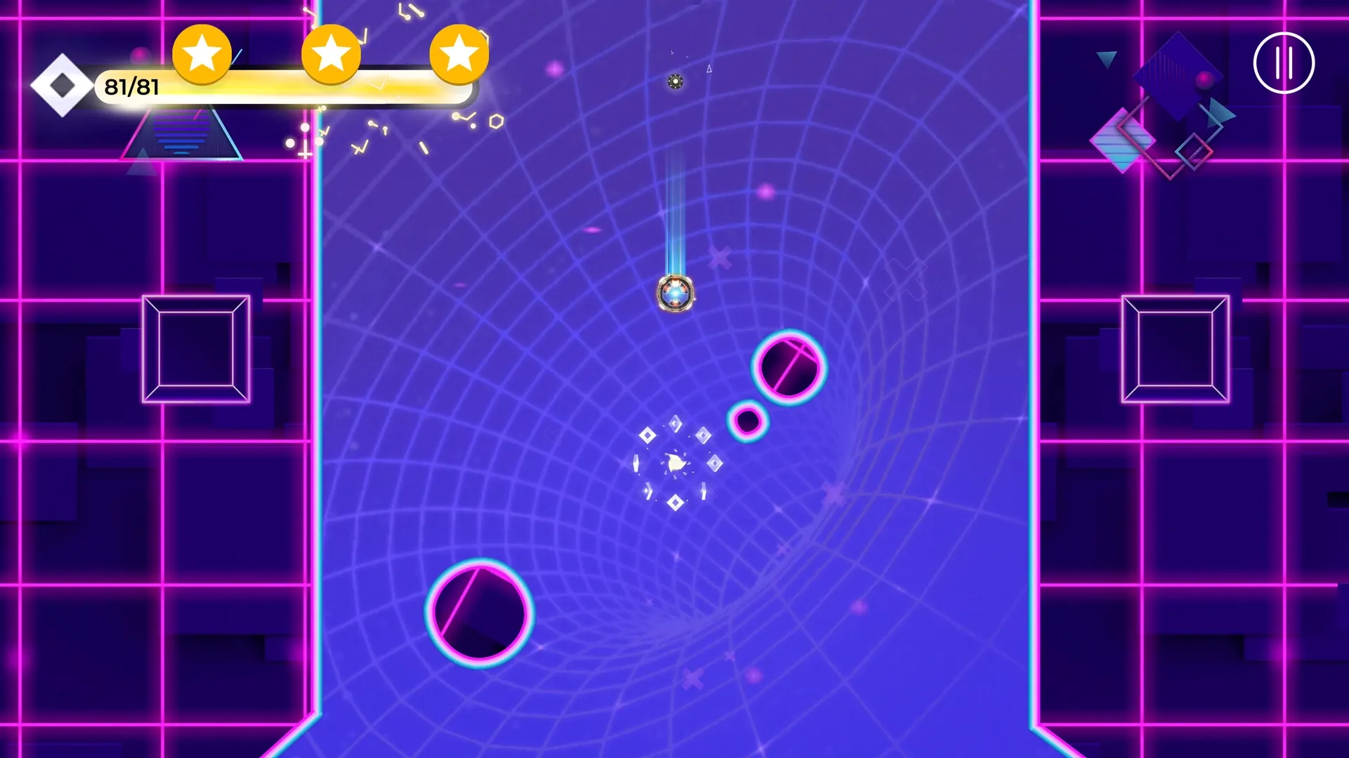 SPiNG: Player swings through a neon grid tunnel collecting stars with a score of 81/81 in arcade level.