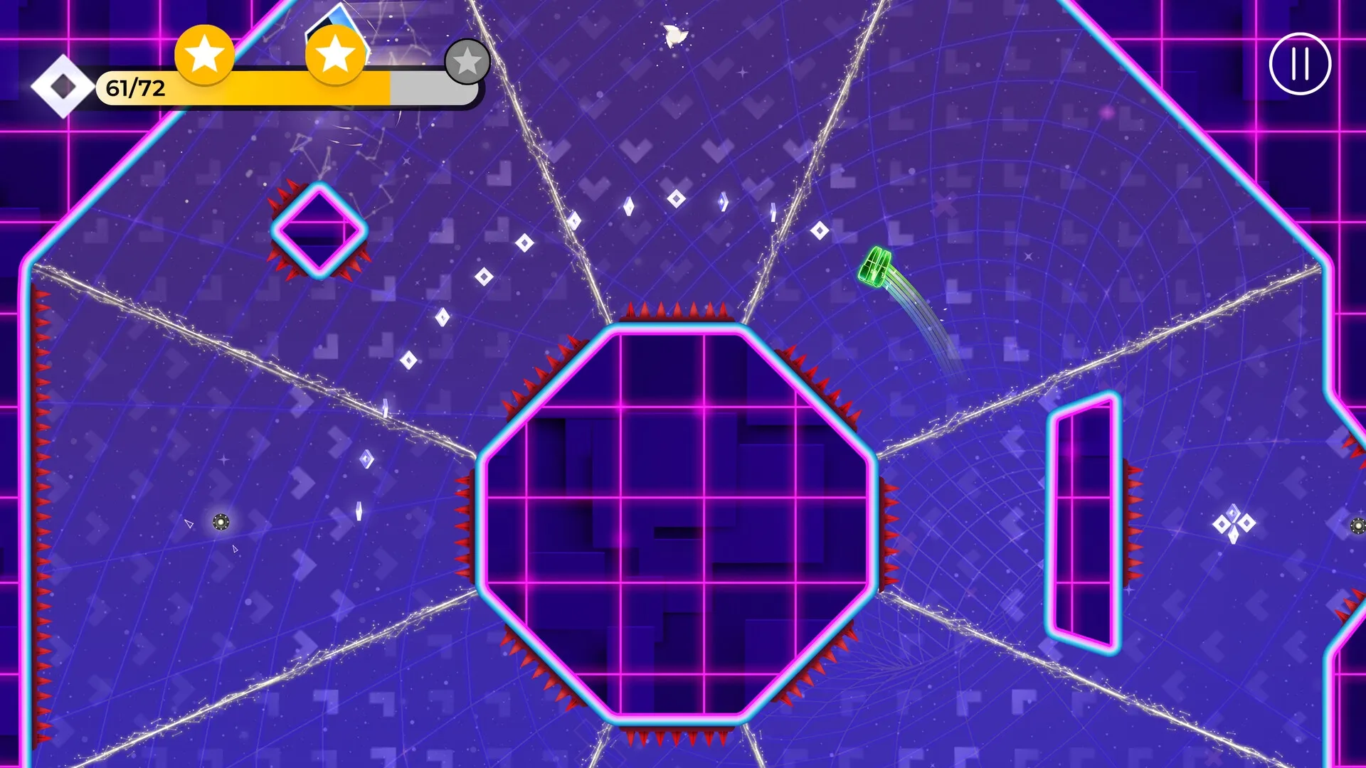 SPiNG: Green orb swings through neon maze with spikes, score tracker at top left, pause icon top right