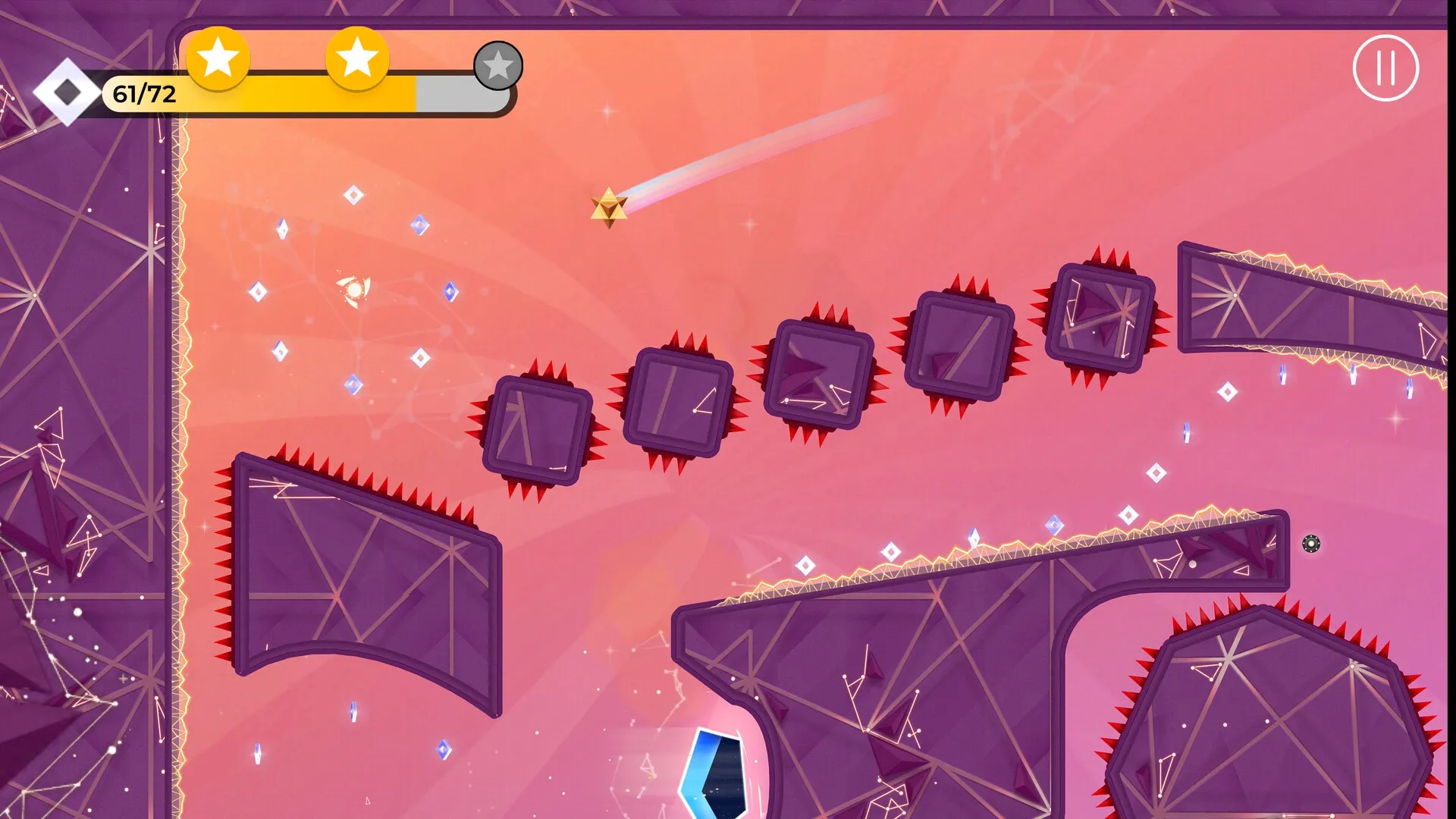 SPiNG: Player navigates spiked platforms collecting stars in a vibrant, geometric pink and purple level.