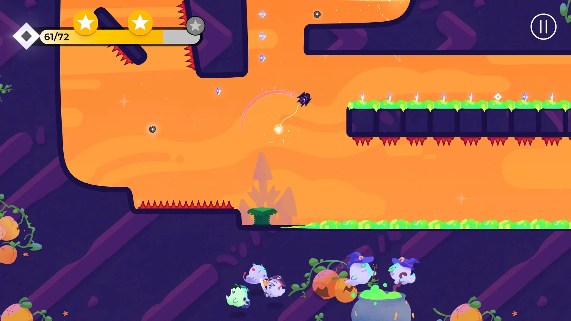 SPiNG: Character swings across spiky platform with gems, cauldron, and creatures in colorful cave.