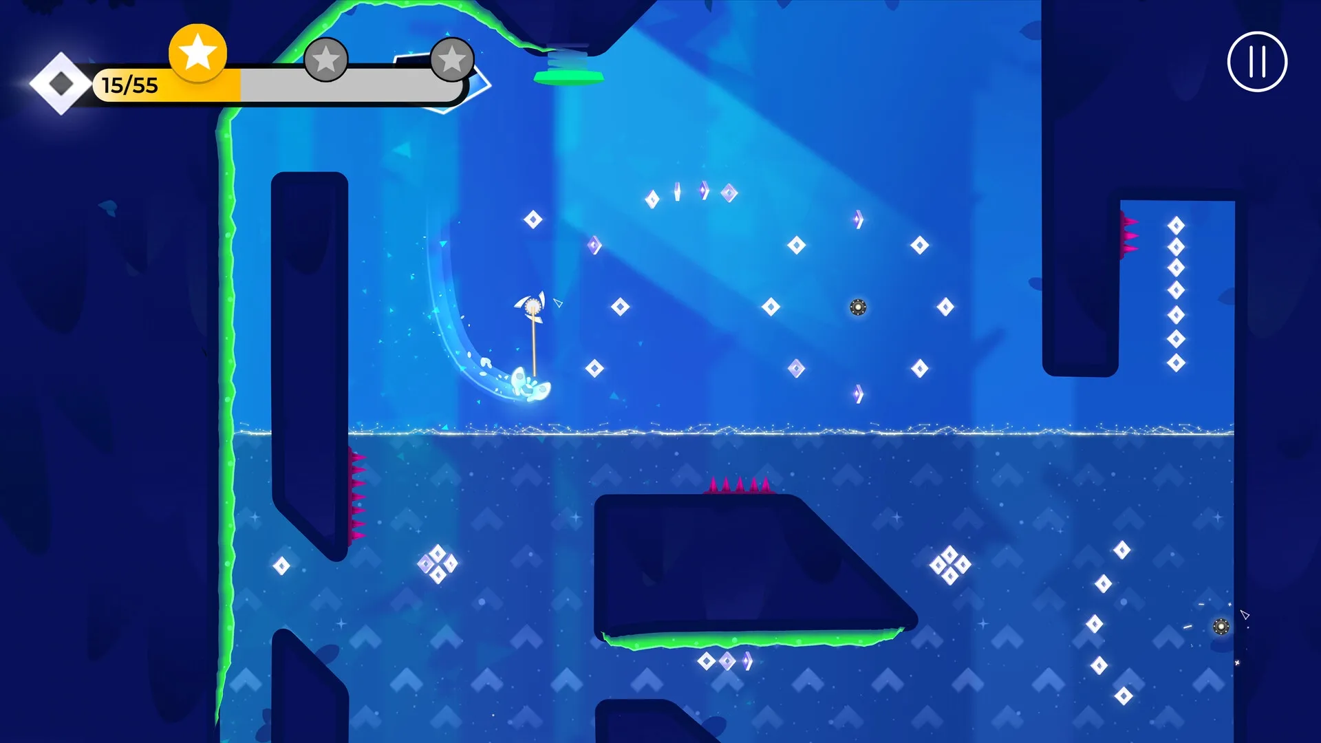 SPiNG: Player swings past spikes and collects diamonds in a vibrant underwater-themed level