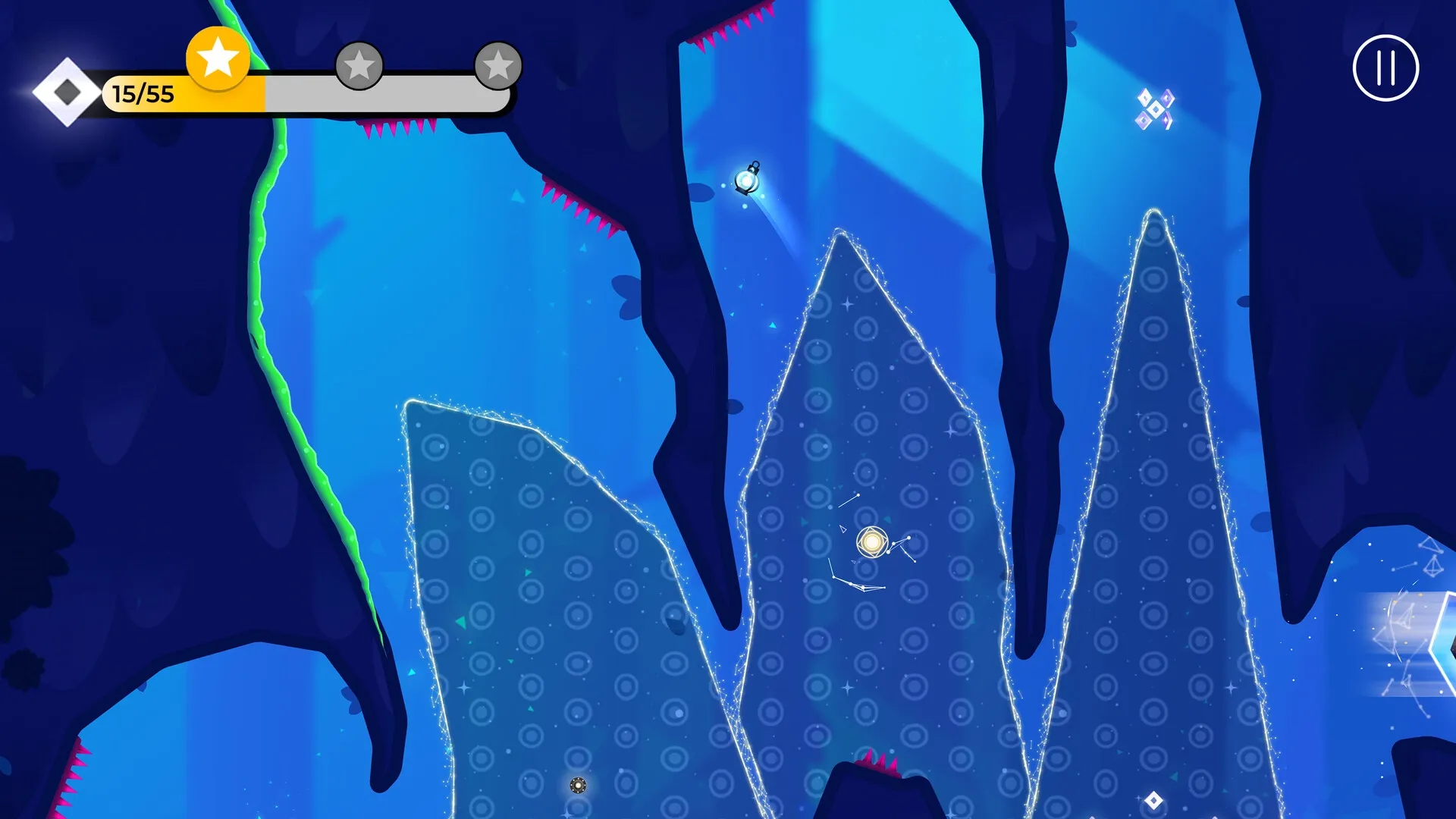SPiNG: Player swings through cave environment with glowing orbs and spikes, progress bar at top-left.