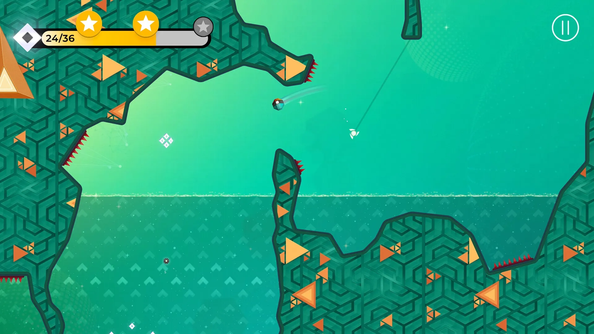 SPiNG: Player swings through geometric maze with spikes and collects stars in abstract environment