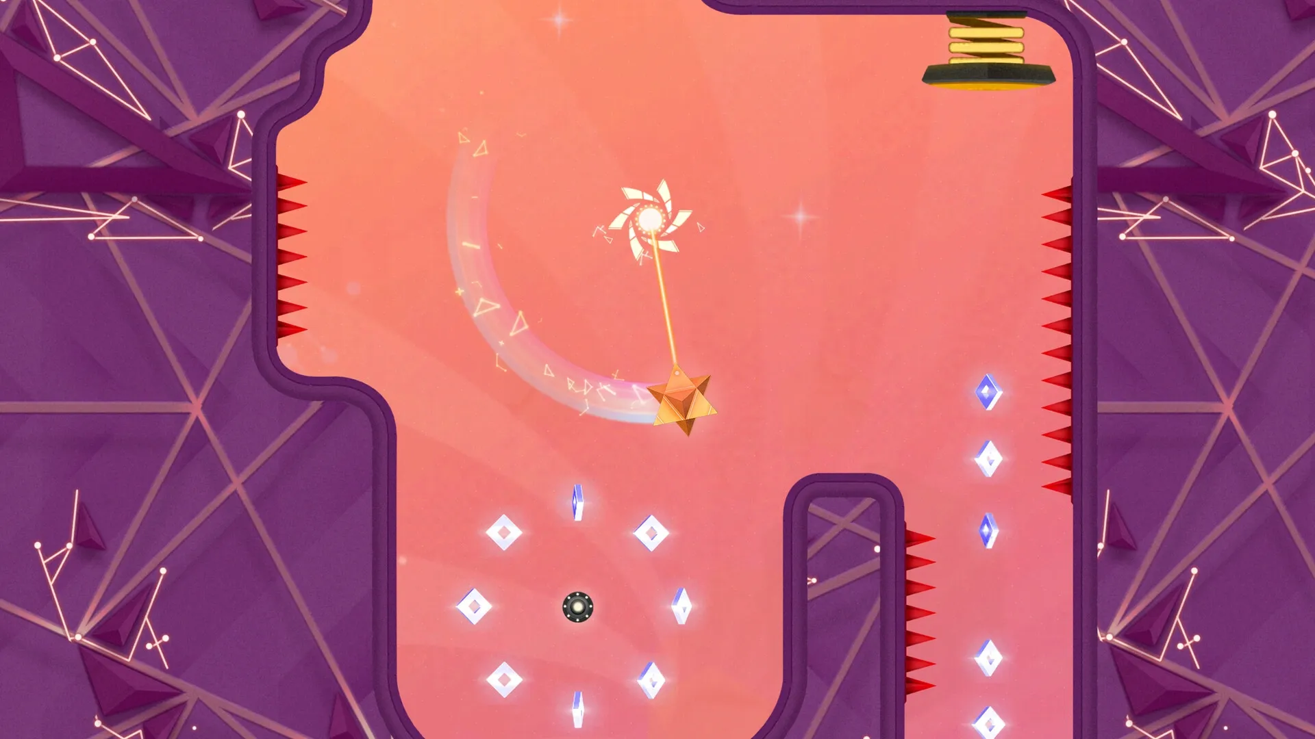 SPiNG: Star-shaped character swings past spikes collecting crystals in a geometric purple arena
