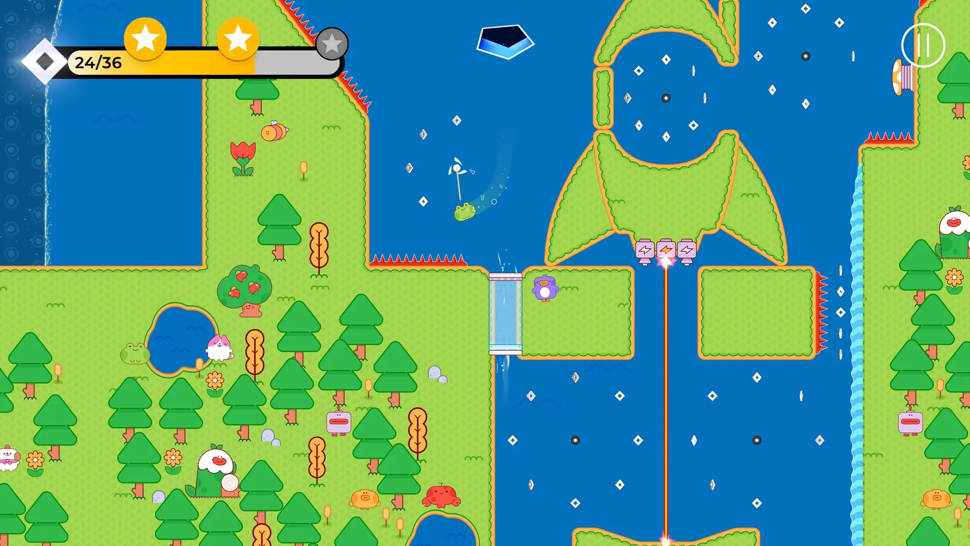 SPiNG: Frog character swings over water with stars and obstacles in vibrant, grassy puzzle landscape.