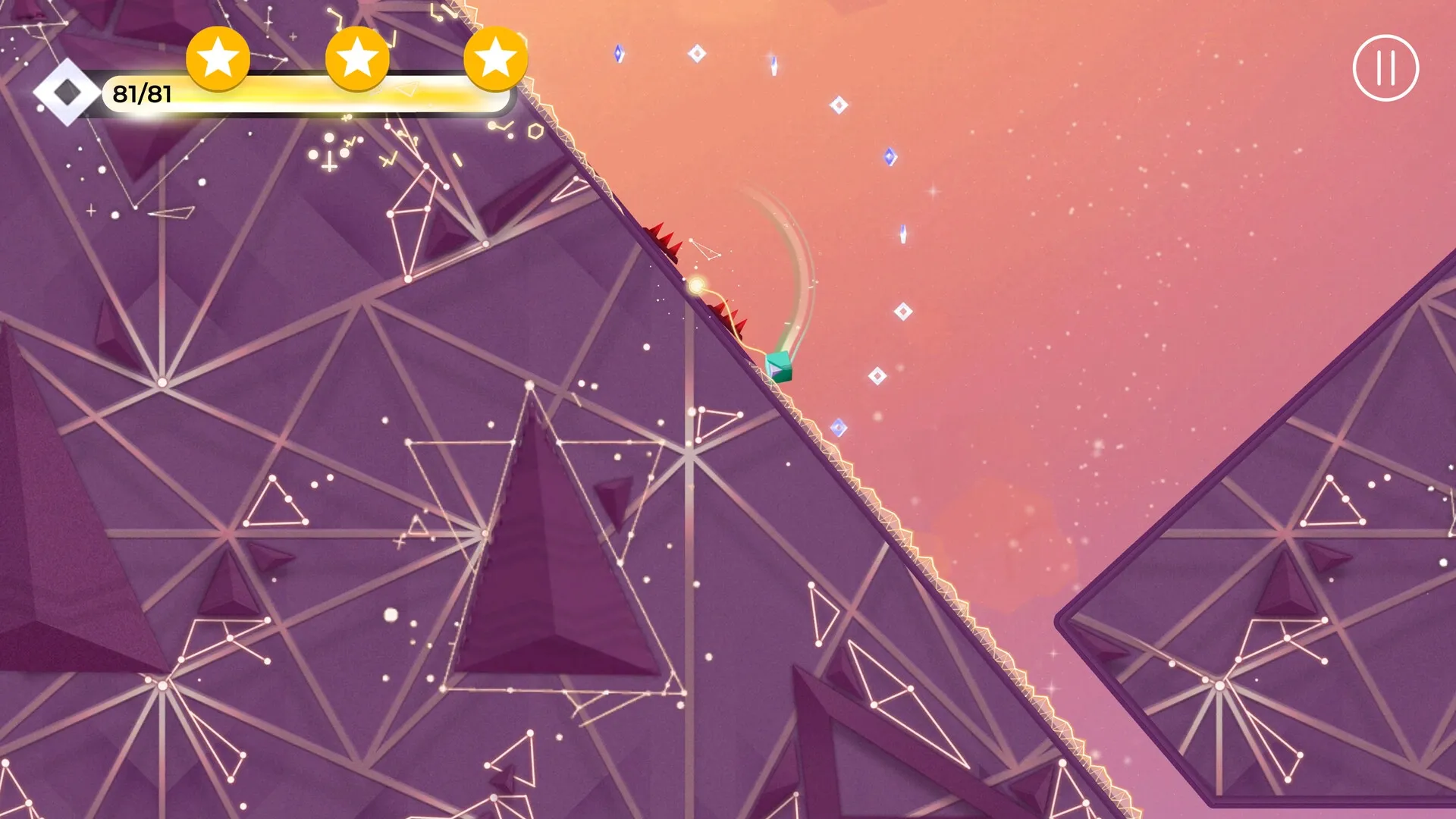 SPiNG: Player swinging on geometric structures in a pastel environment with star rating displayed