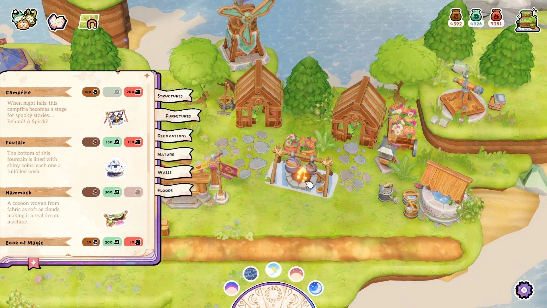 Spiriki: Build menu open on campfire, fountain and hammock beside cozy huts on grassy island shore.