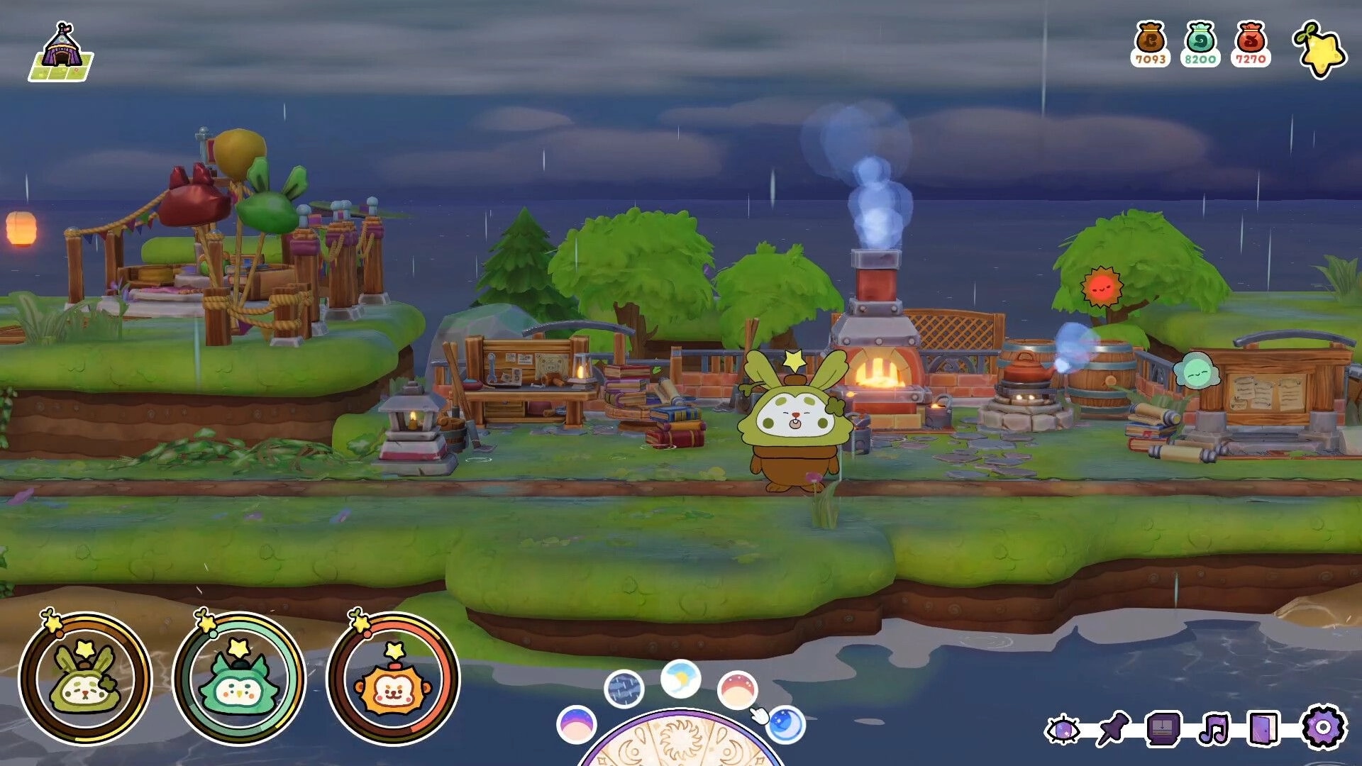 Spiriki: Bunny spirit by a glowing kiln and workshop UI on a rainy island shoreline diorama.