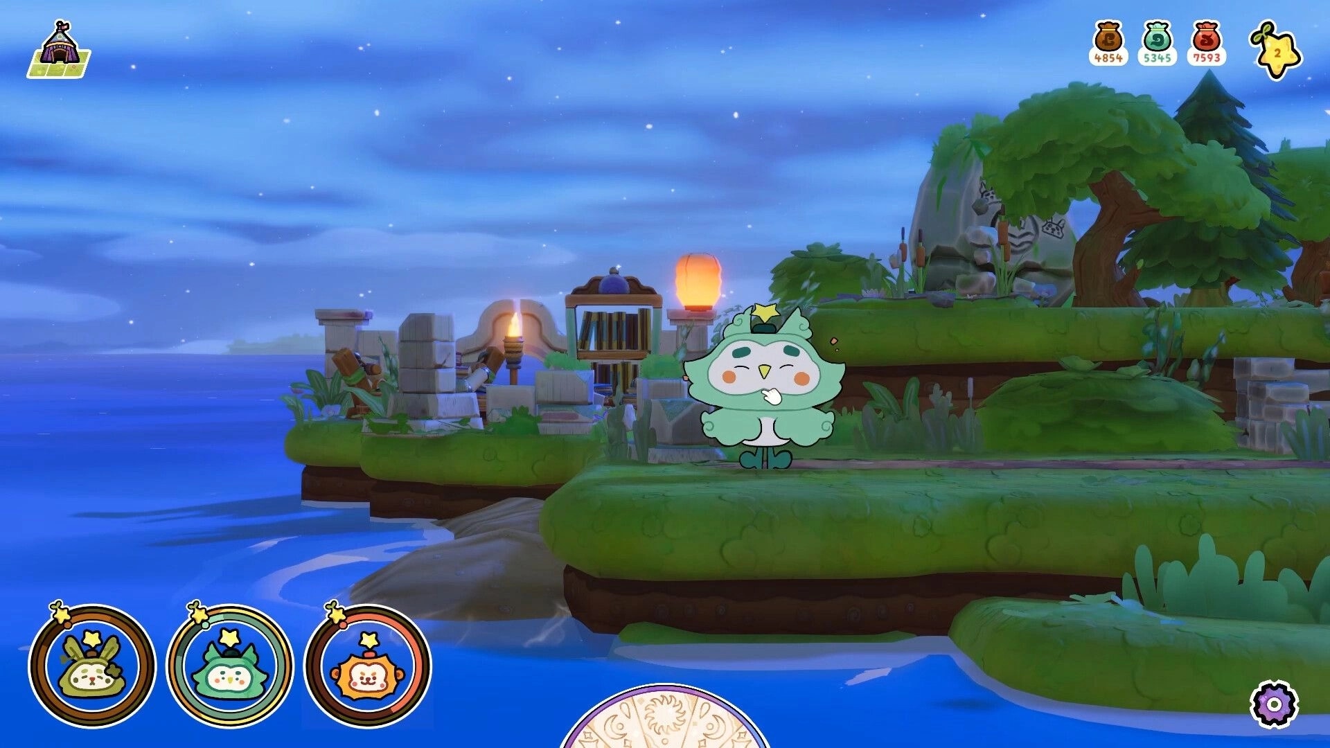 Spiriki: Smiling green spirit by grassy cliffside ruins at night, with resource counters and pet icons UI.