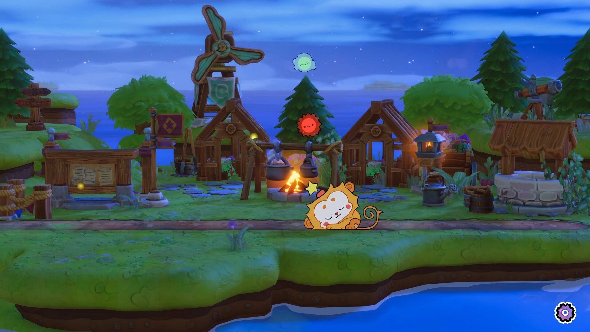 Spiriki: Cozy village diorama with windmill, campfire pots, and sleepy pet by the seaside at night.