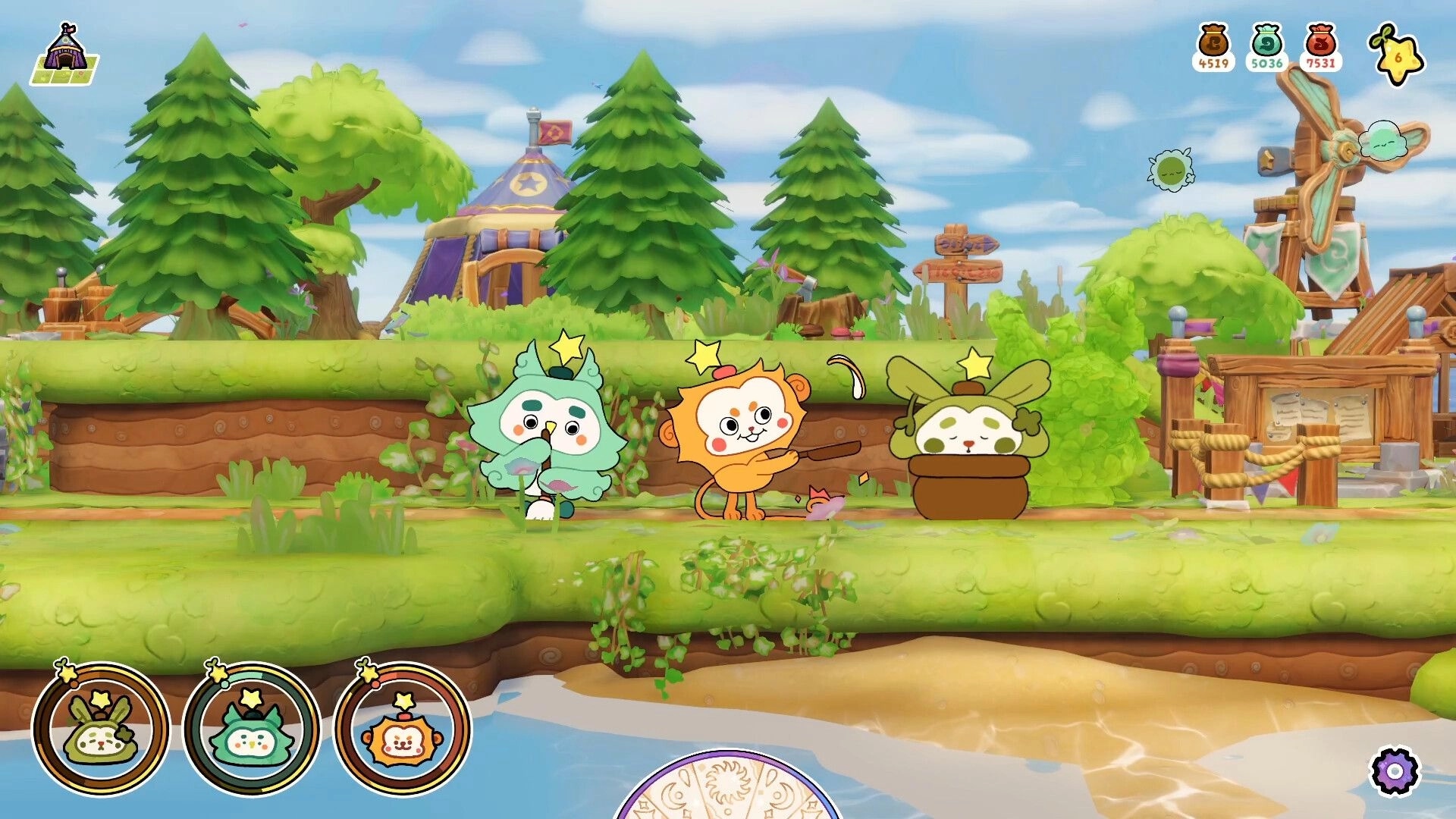 Spiriki: Three nature spirits with star icons on grassy path near tent, windmill, and UI counters.