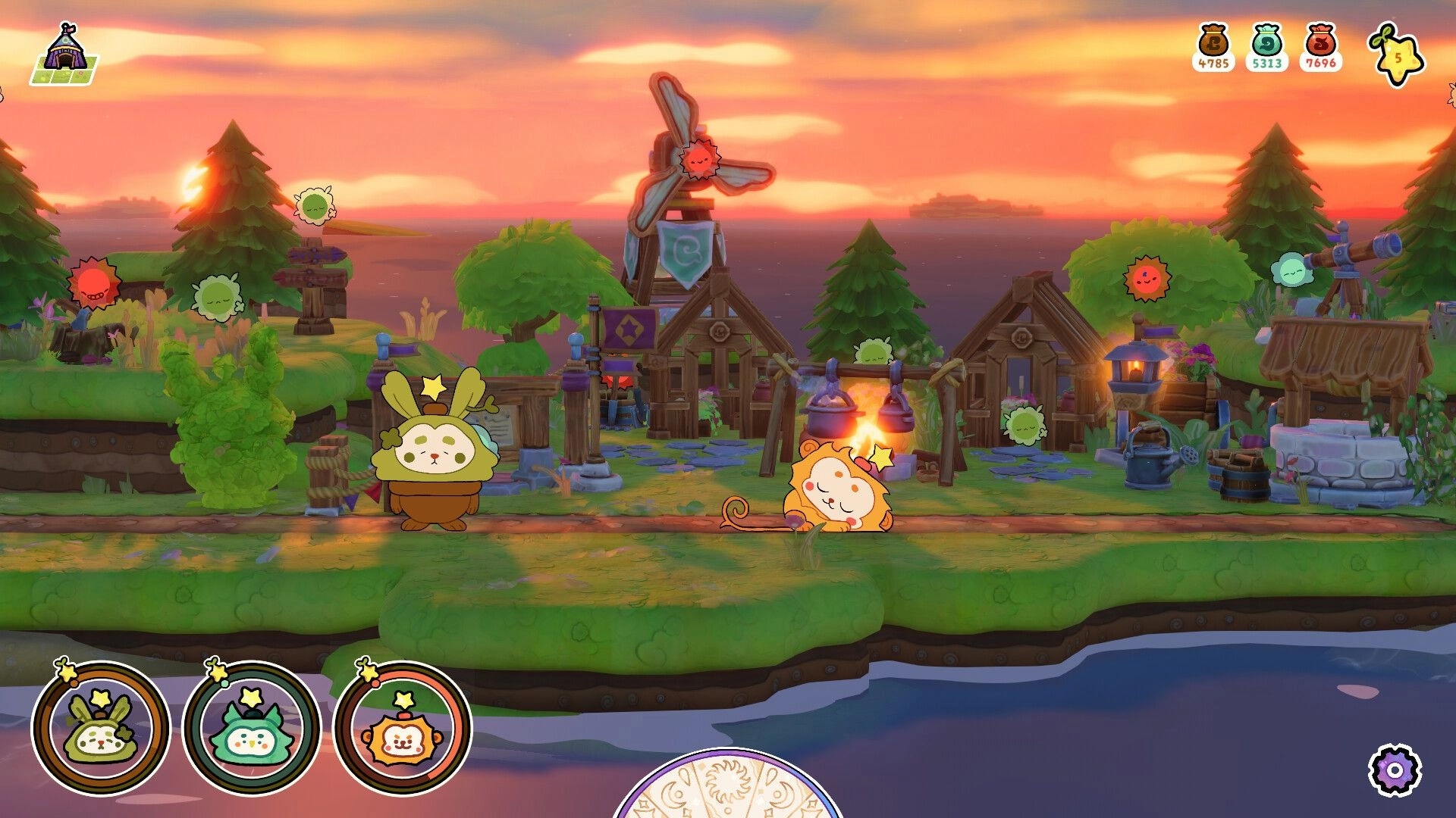 Spiriki: Two cute spirits on a village path by a windmill and campfire at sunset, UI icons visible.