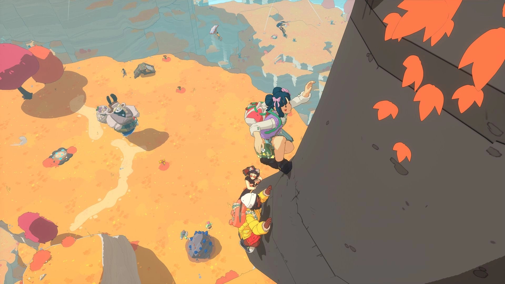 Spirit Crossing: Three players climb a steep cliff wall above a sandy plateau with colorful trees below.