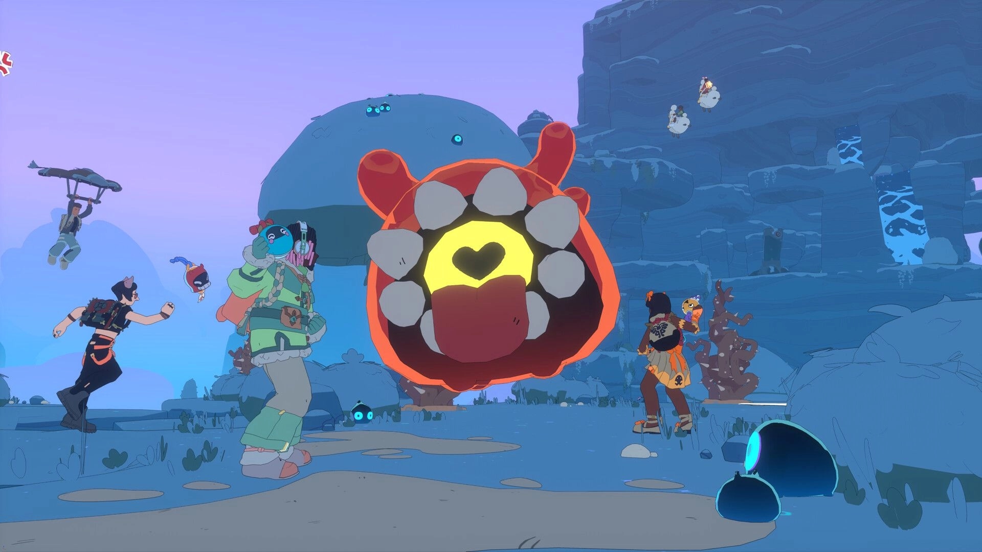 Spirit Crossing: Three players face a huge heart-mouthed creature on a rocky mountain plateau at dusk.
