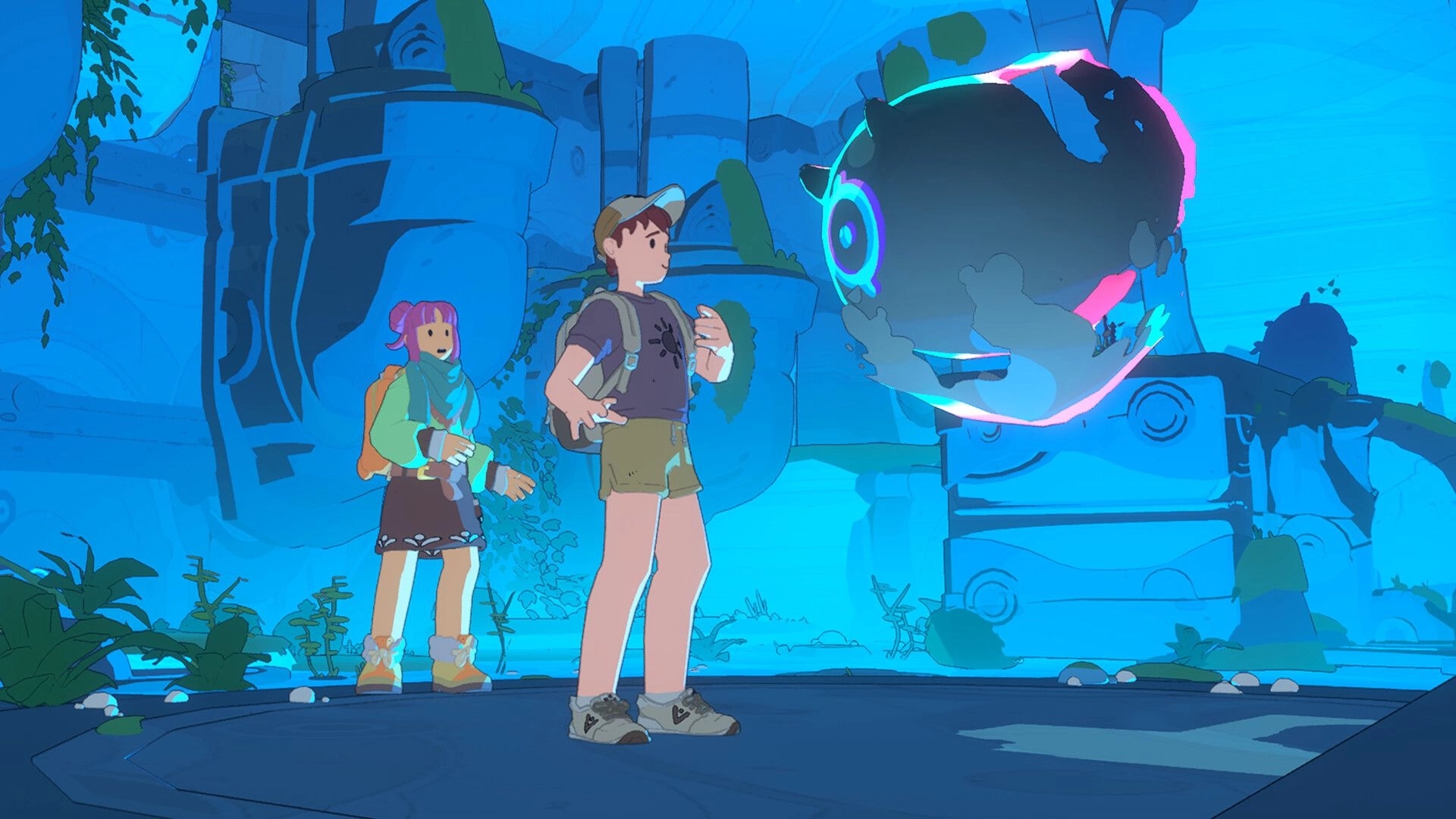 Spirit Crossing: Two backpacked kids face a glowing orb device amid blue stone ruins and vines.