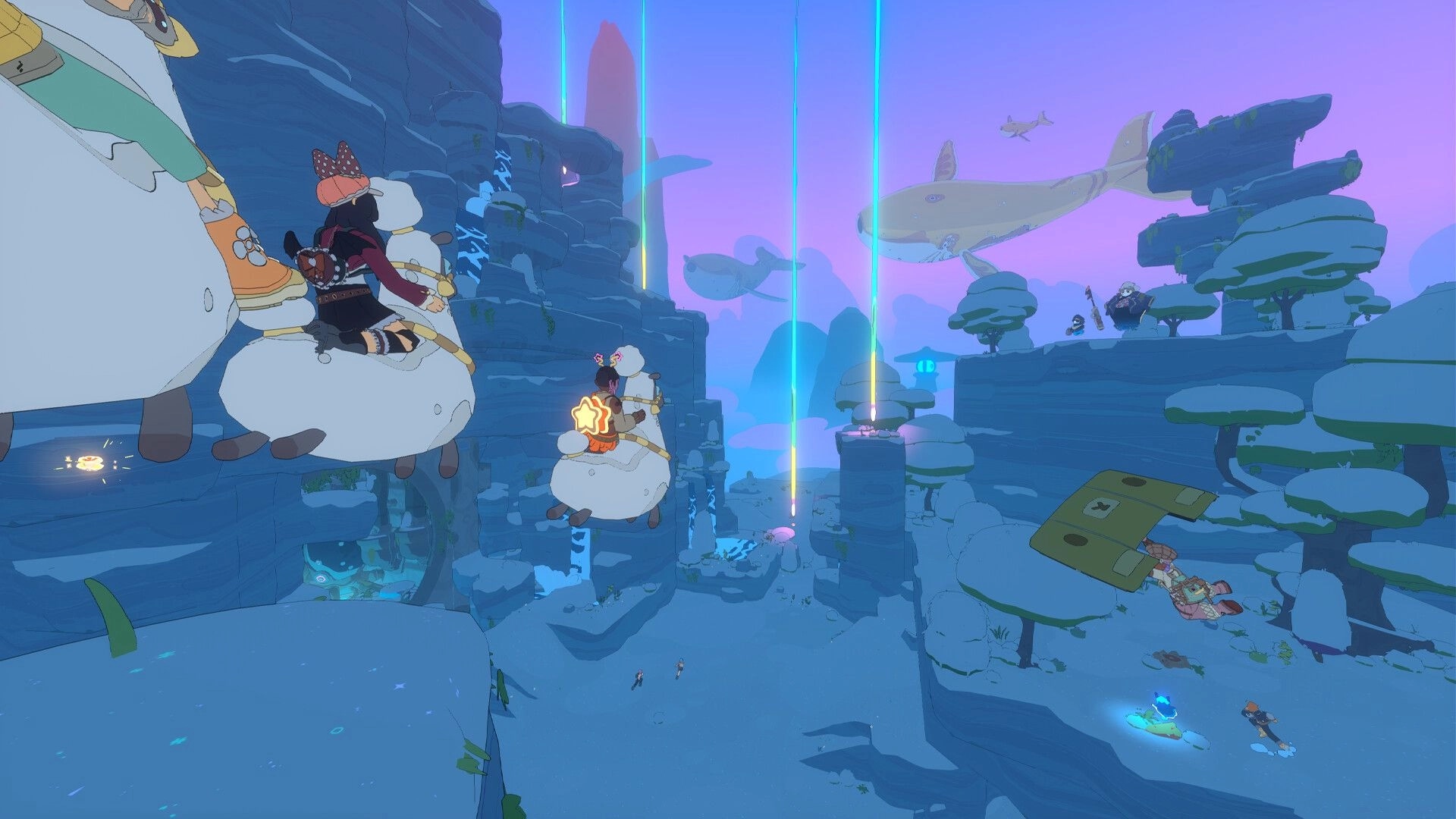 Spirit Crossing: Players ride fluffy sheep mounts past cliffs and glowing beams in a misty canyon sky.
