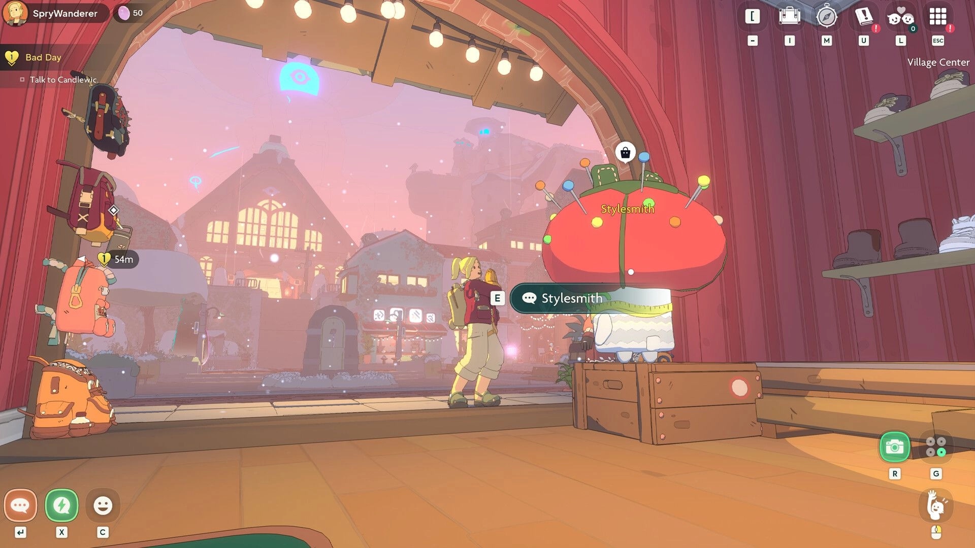 Spirit Crossing: Player talks to Stylesmith NPC in a cozy shop doorway overlooking snowy village center.