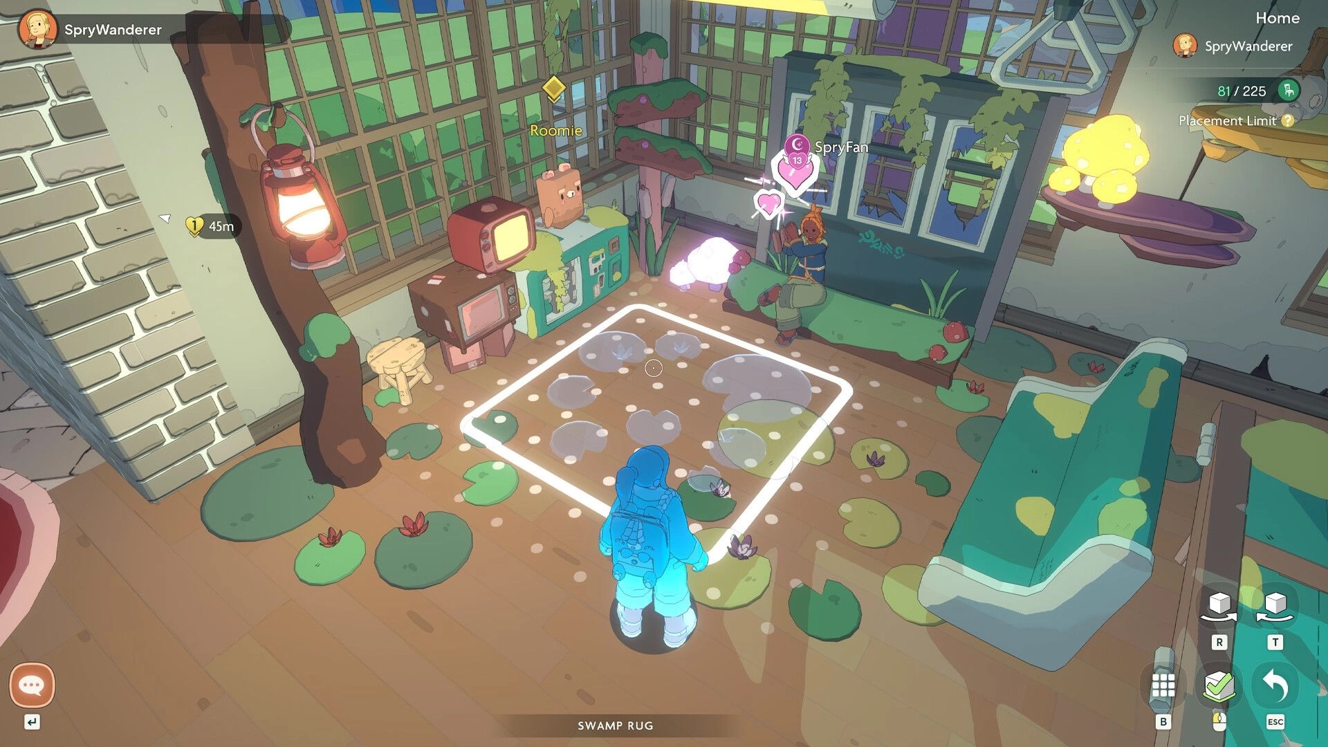 Spirit Crossing: Placing a swamp rug in a cozy home room with couch, TV stack, and friend nearby.