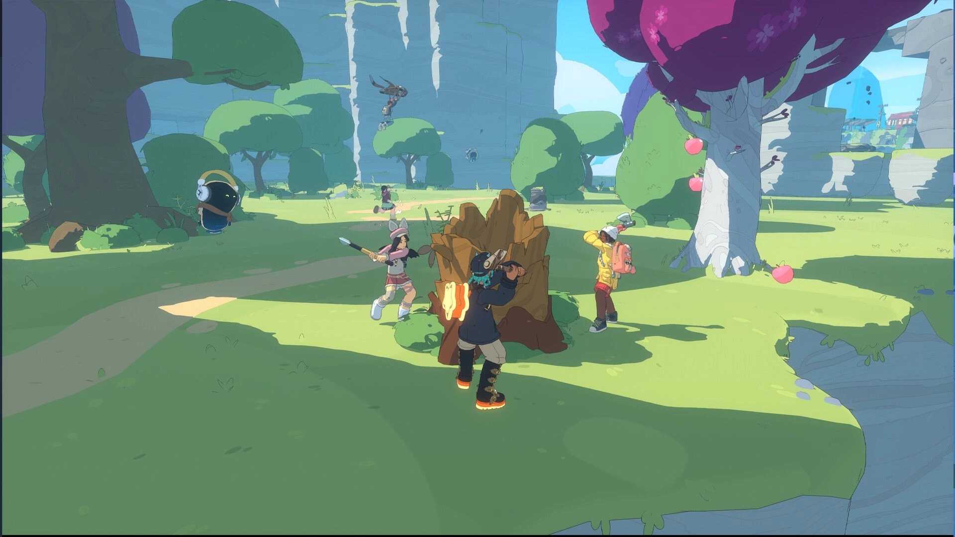 Spirit Crossing: Three players chopping a giant stump together in a sunny cliffside grove with trees.