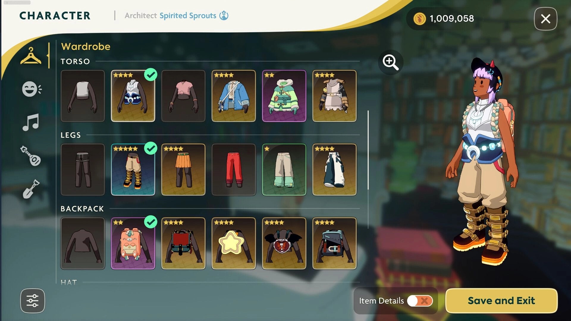 Spirit Crossing: Wardrobe menu selecting torso, legs, backpack gear with character preview on right.