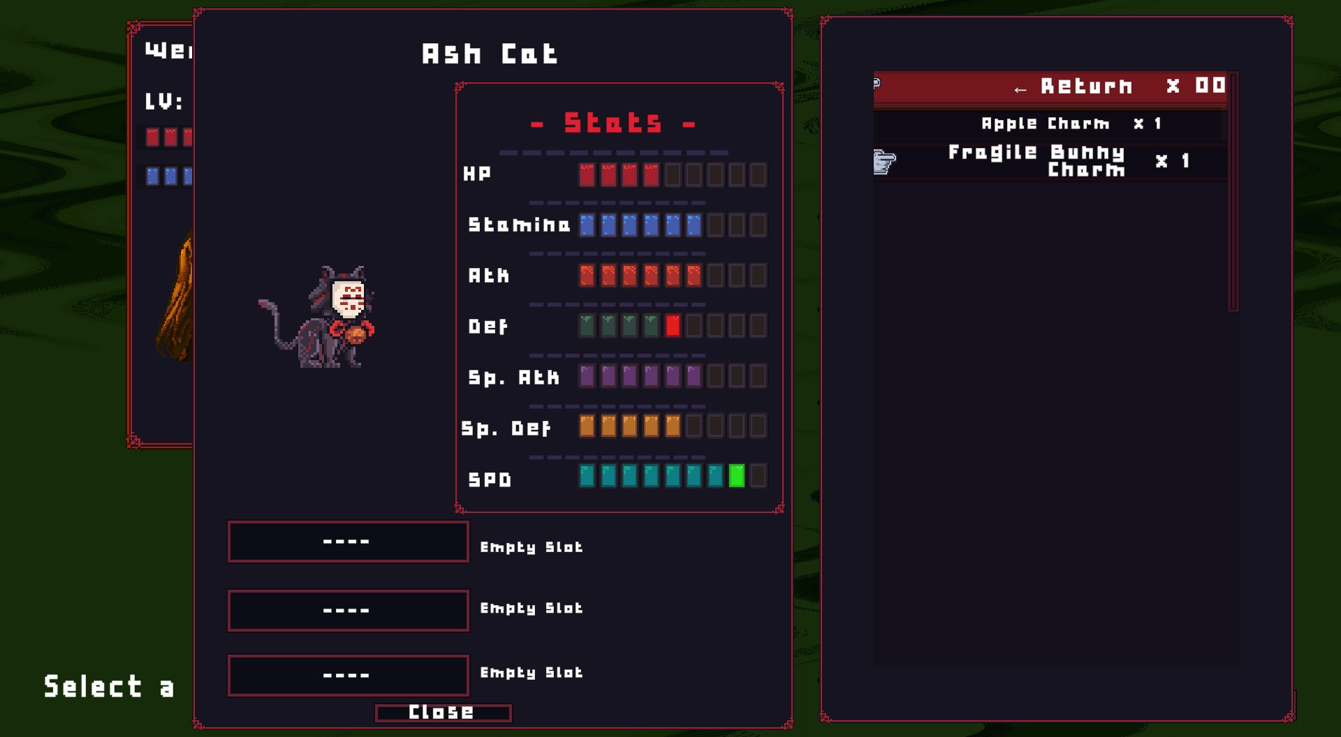 Spirit Mask RPG: Ash Cat stats screen with HP and stamina bars, plus charms inventory menu overlay.