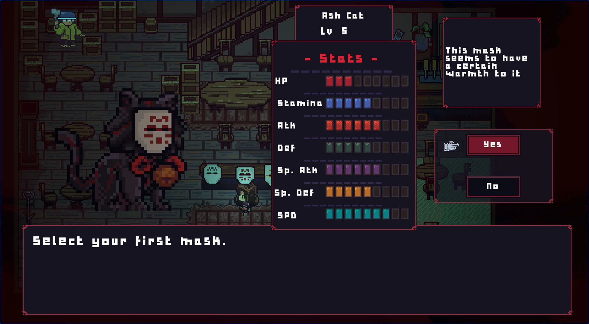 Spirit Mask RPG: Choosing first mask with Ash Cat stats and yes/no prompt inside a tavern room.