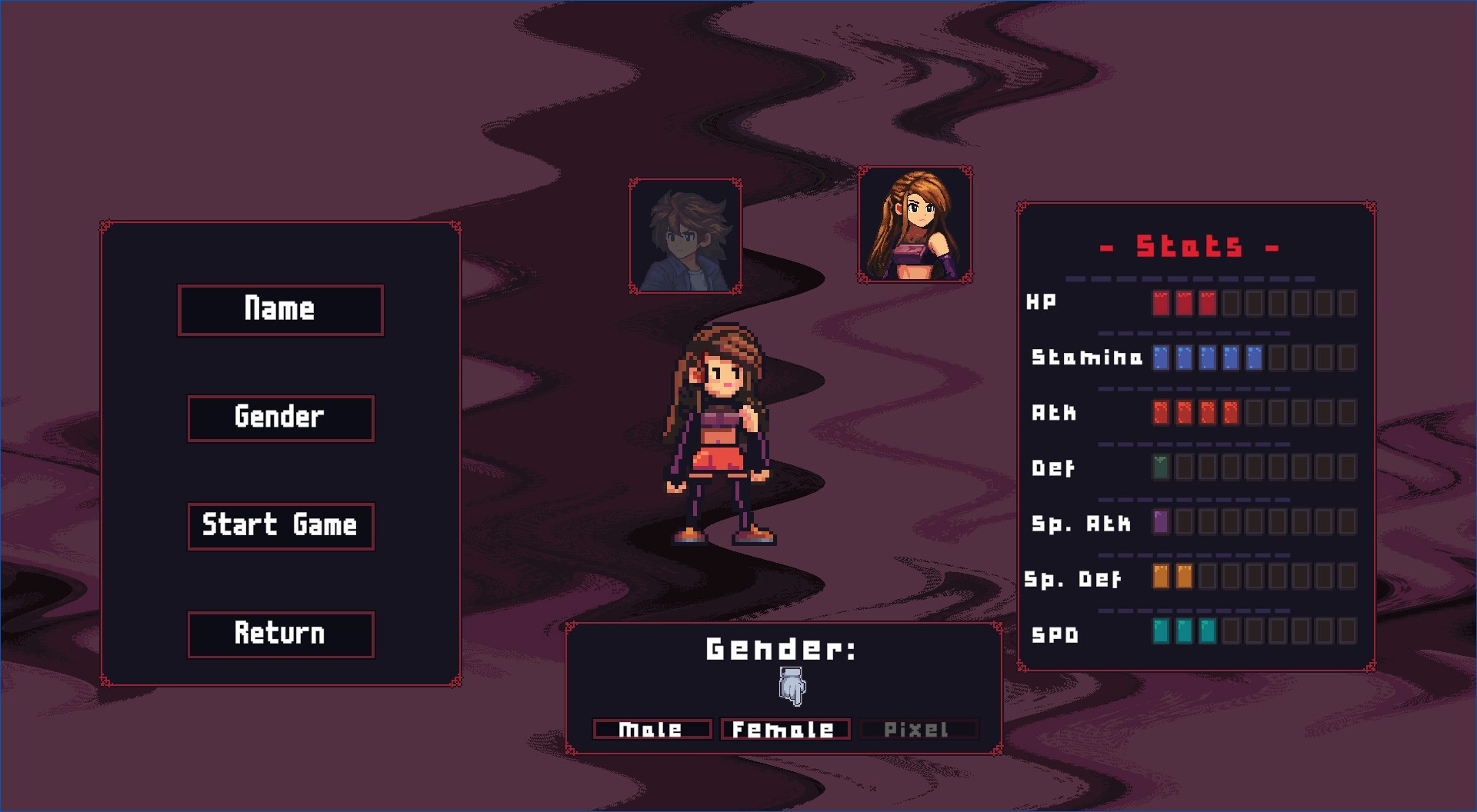 Spirit Mask RPG: Character creation screen with gender selection, portrait, and stats panel UI on dark backdrop.